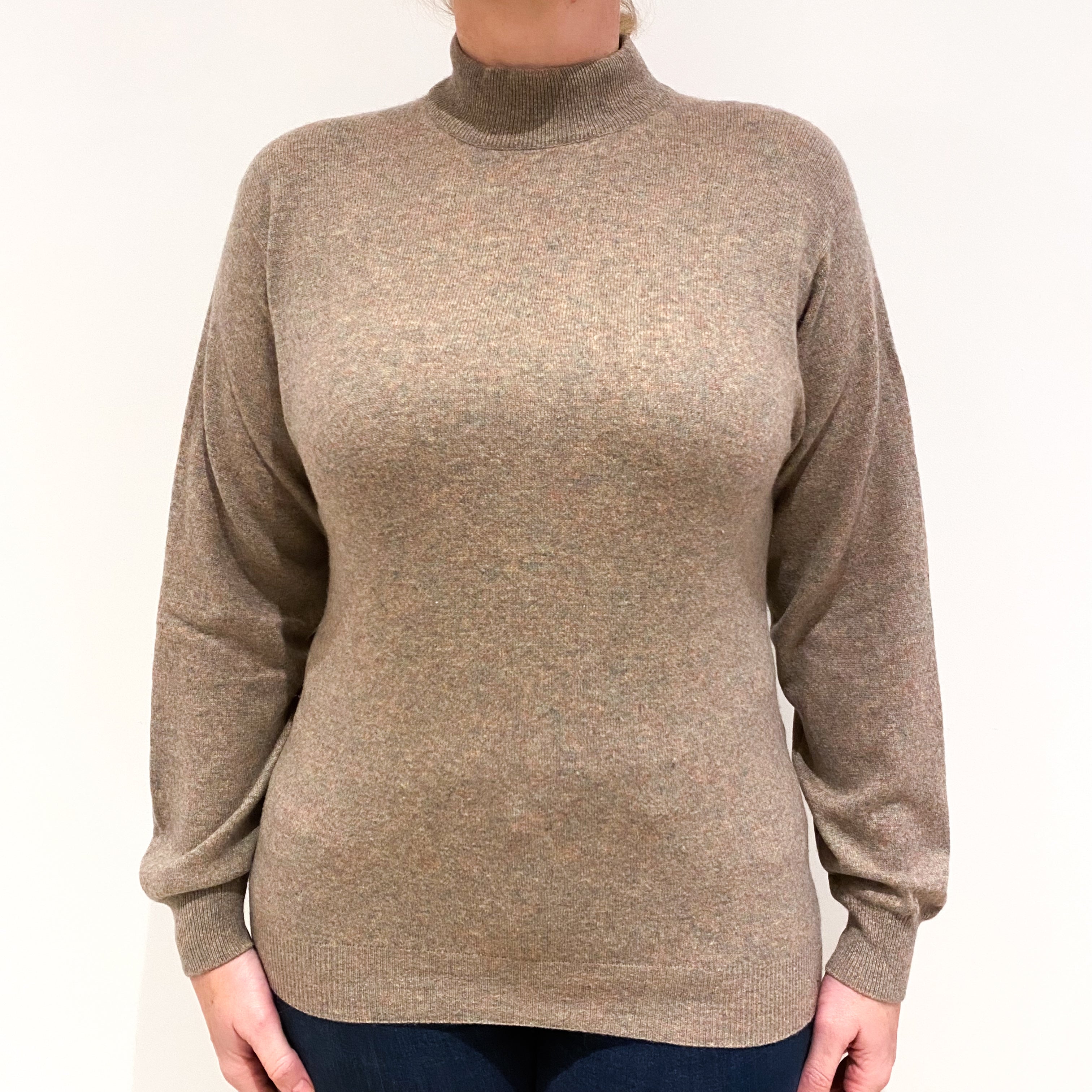 Taupe and Red Marl Knit Cashmere Turtle Neck Jumper Large