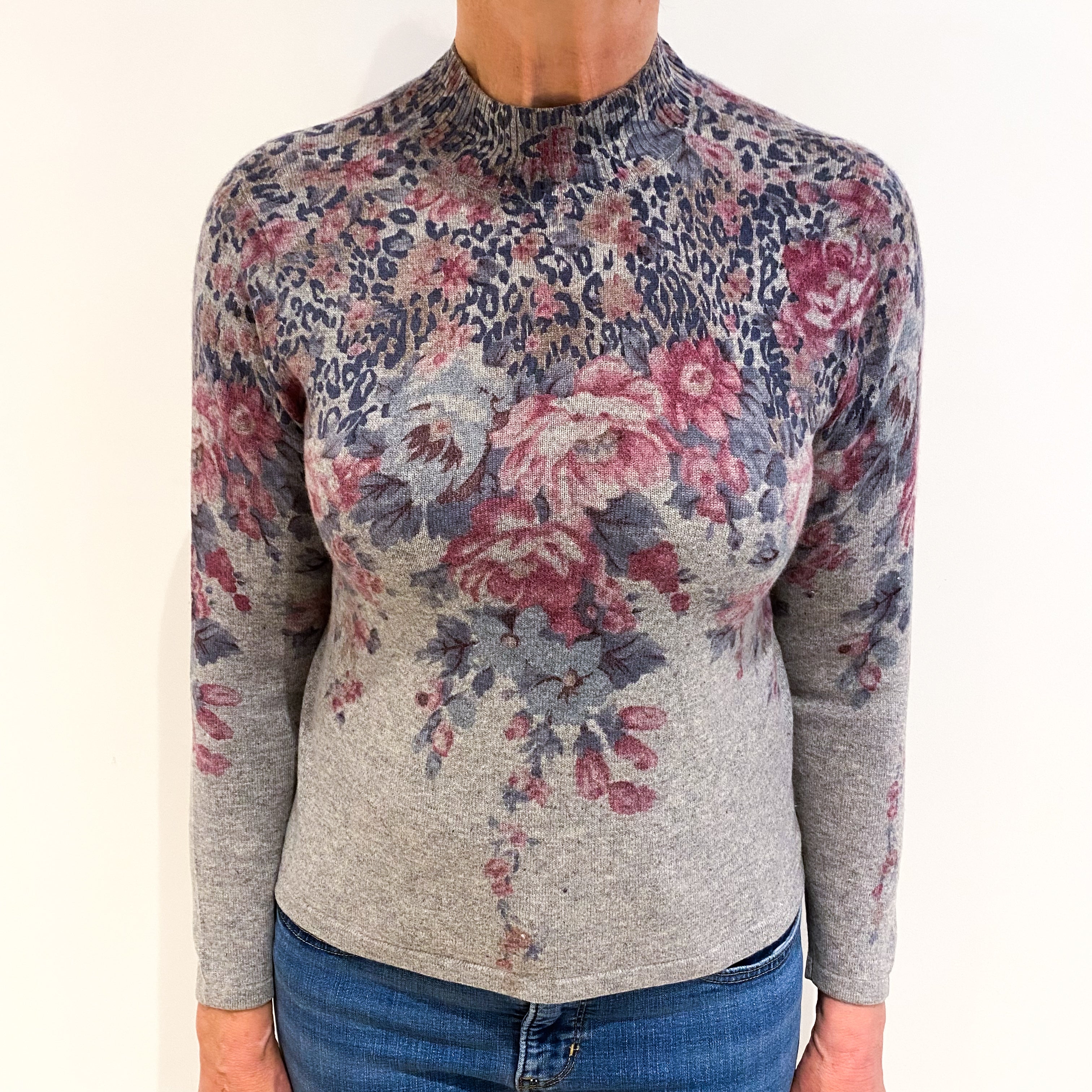 Smoke Grey Floral Print Cashmere Turtle Neck Jumper Medium