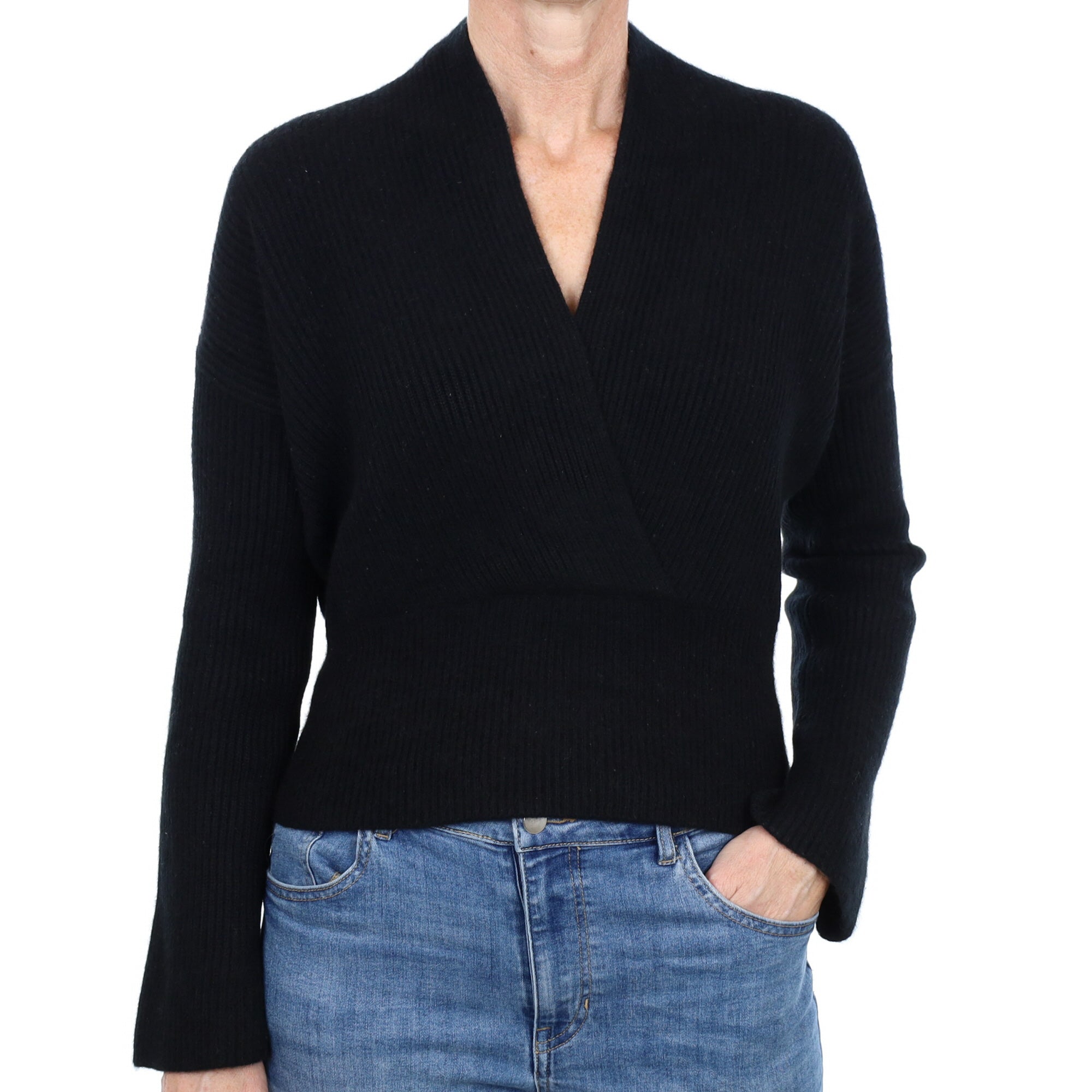 Black Cashmere Crossover V Neck Jumper Small