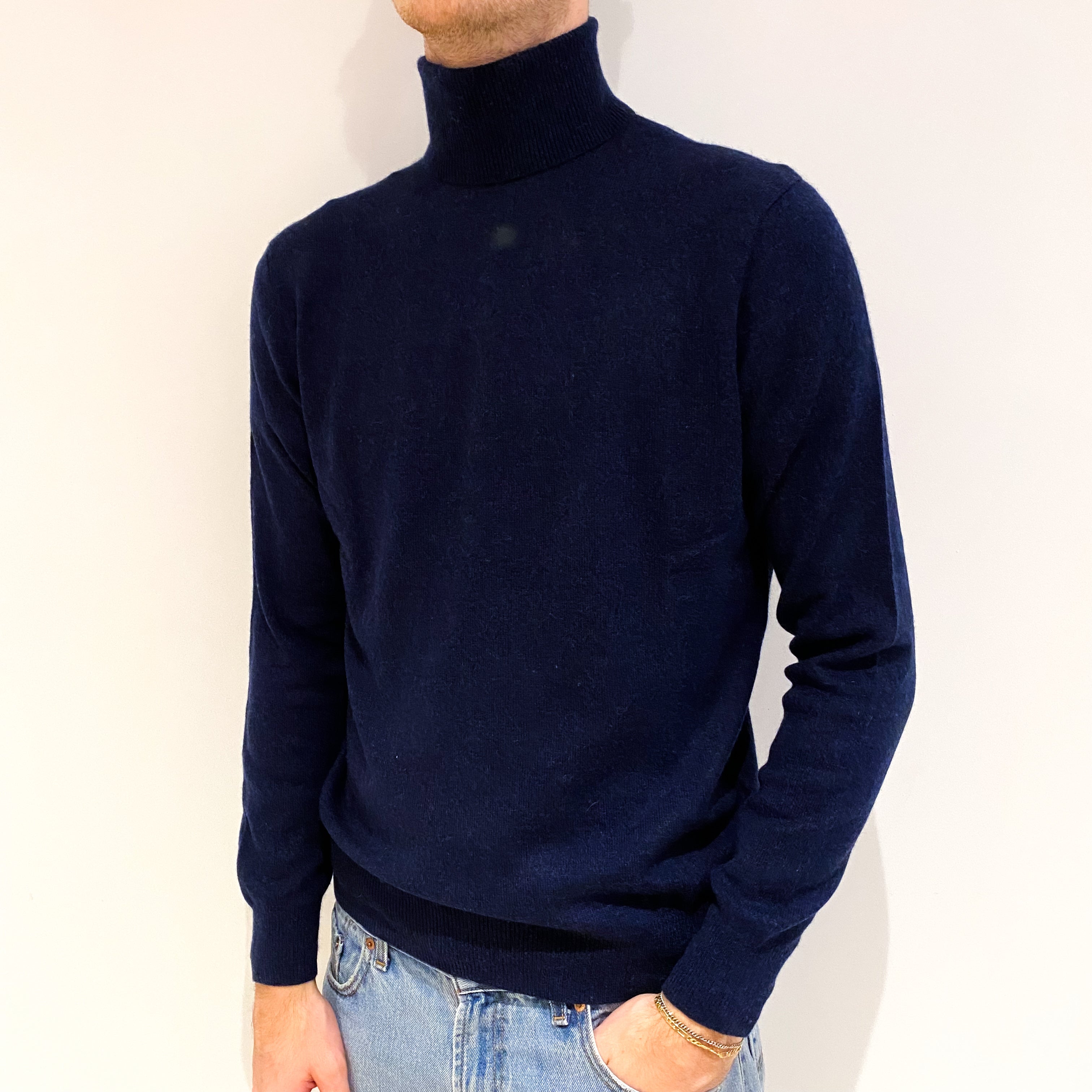 Men's Navy Marl Cashmere Polo Neck Jumper Medium