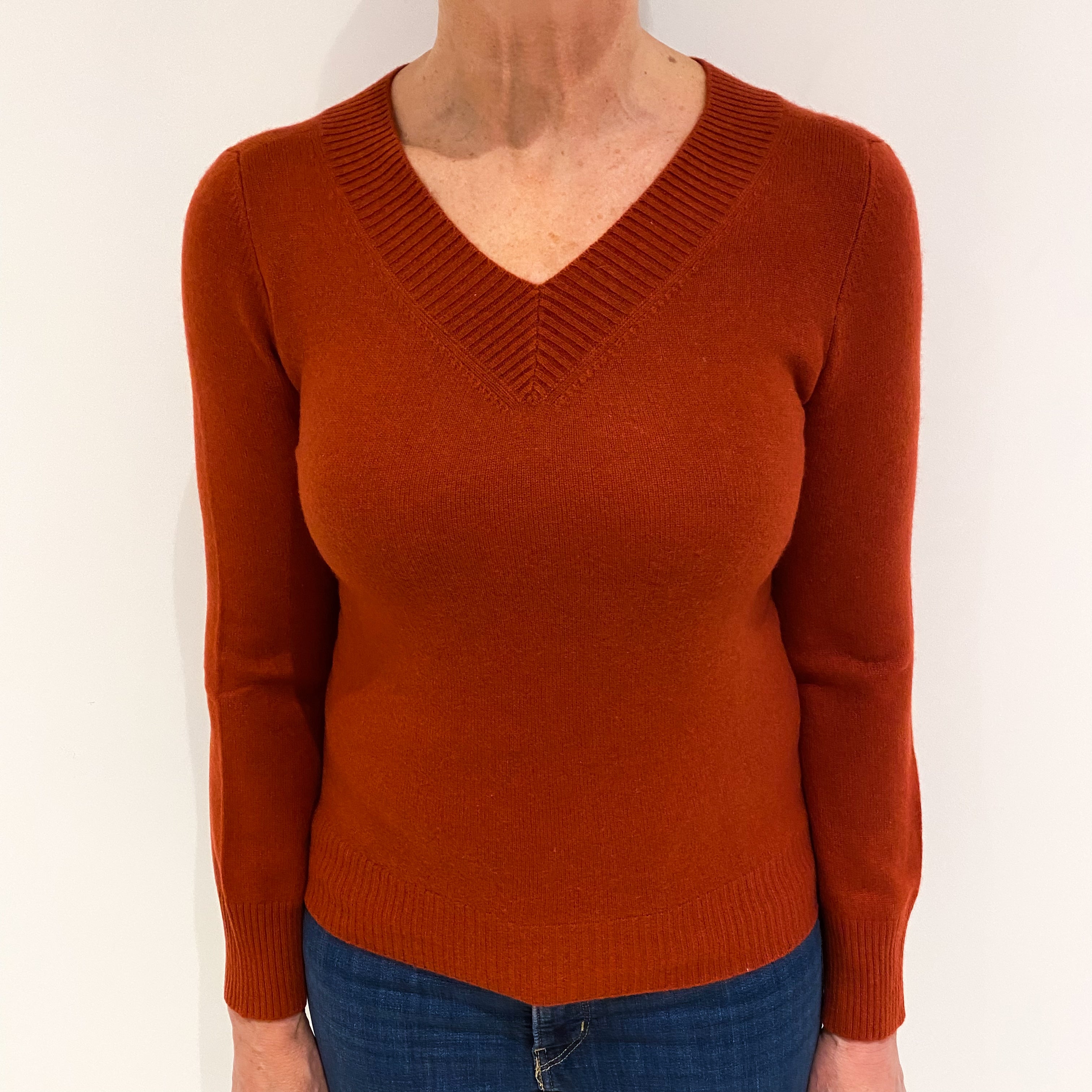 Rust Red Cashmere V Neck Jumper Medium