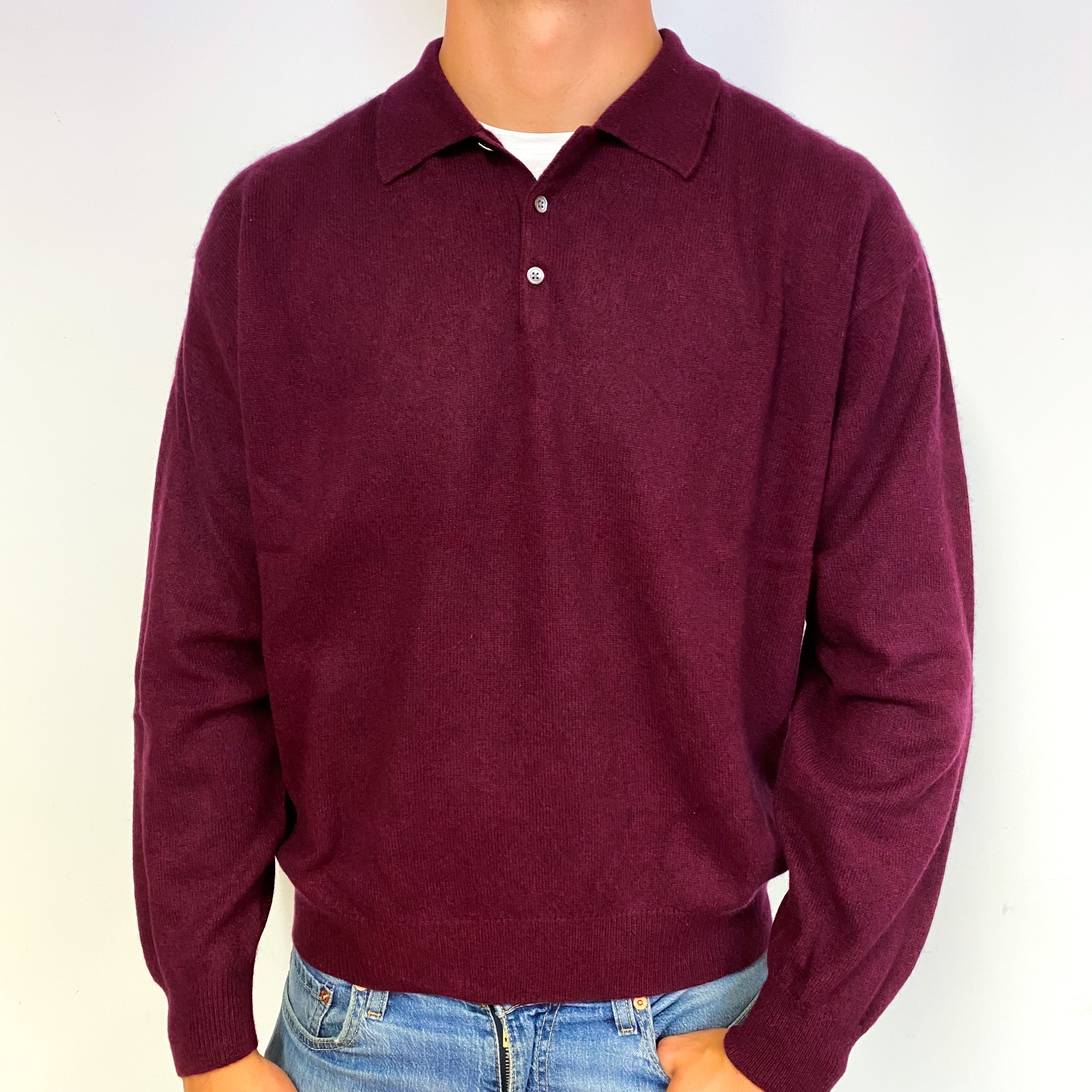 Men's Wine Red Cashmere Quarter Button Jumper Extra Extra Large