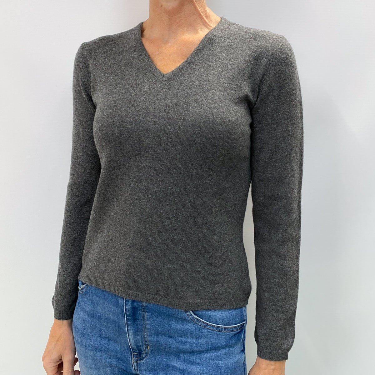 Slate Grey Cashmere V Neck Jumper Small