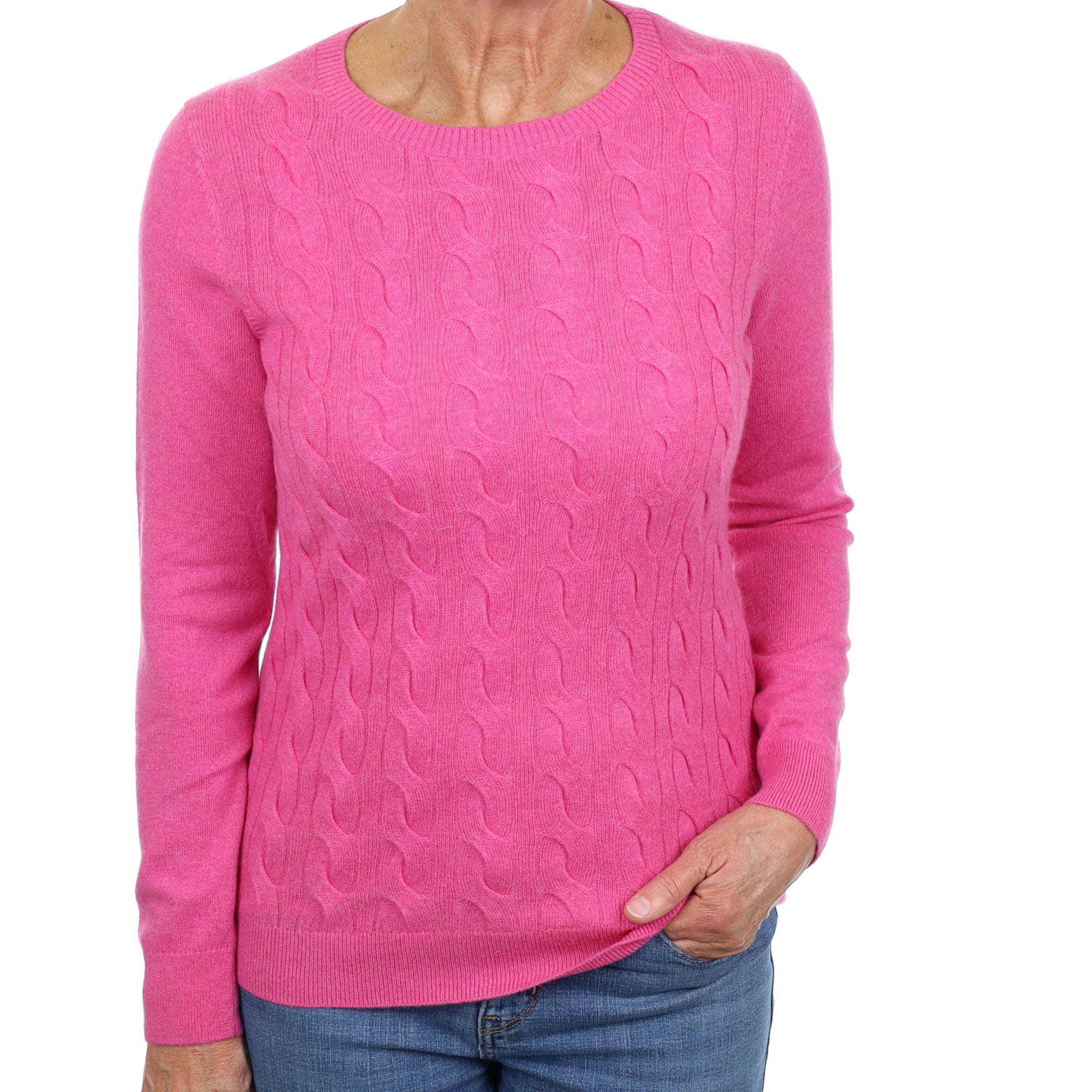 Tulip Pink Cable Front Cashmere Crew Neck Jumper Medium