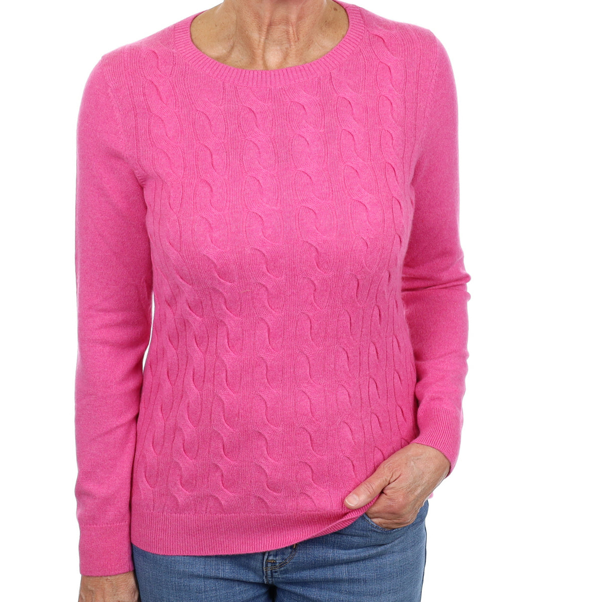 Tulip Pink Cable Front Cashmere Crew Neck Jumper Medium