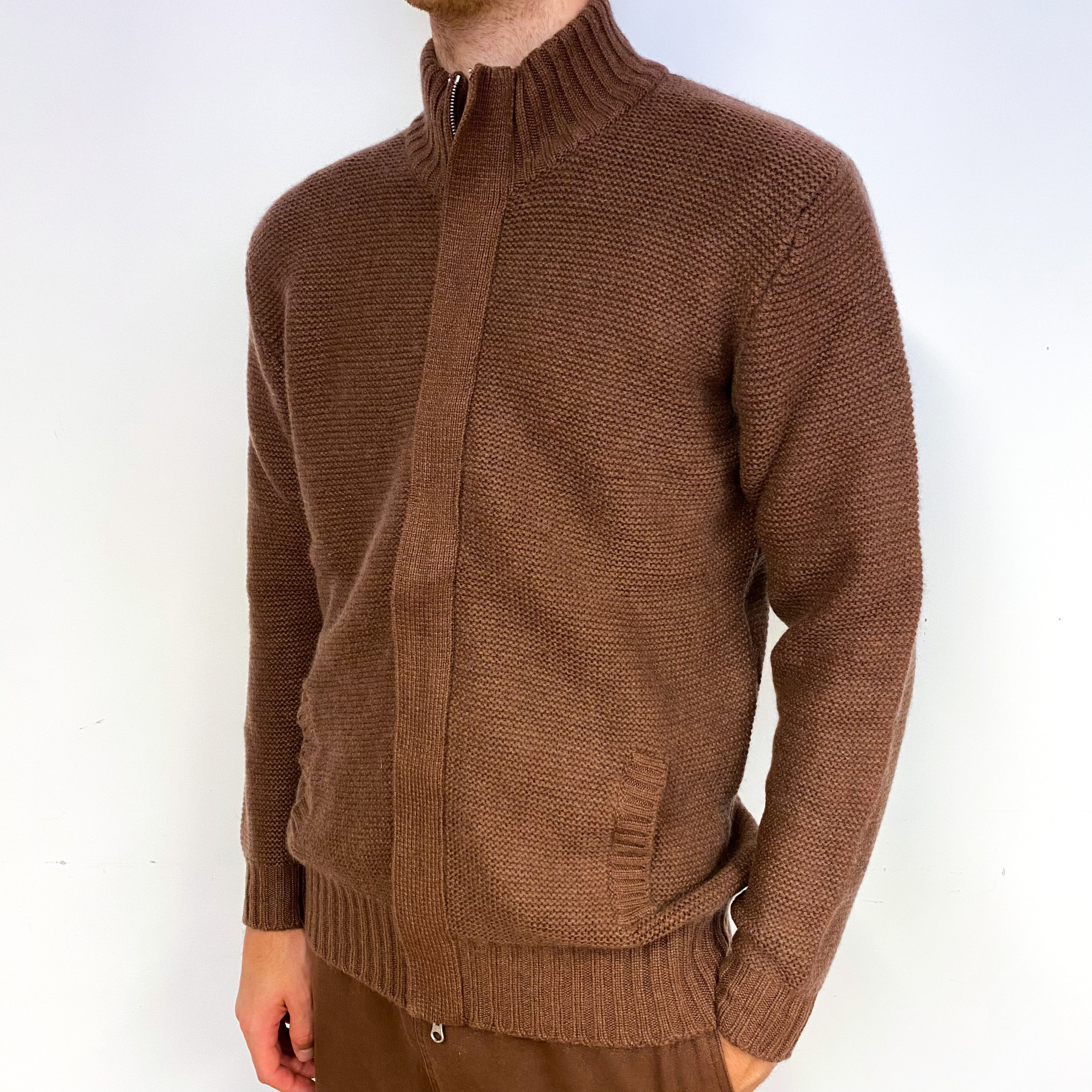 Men's Walnut Brown Chunky Cashmere Turtle Neck Cardigan Large