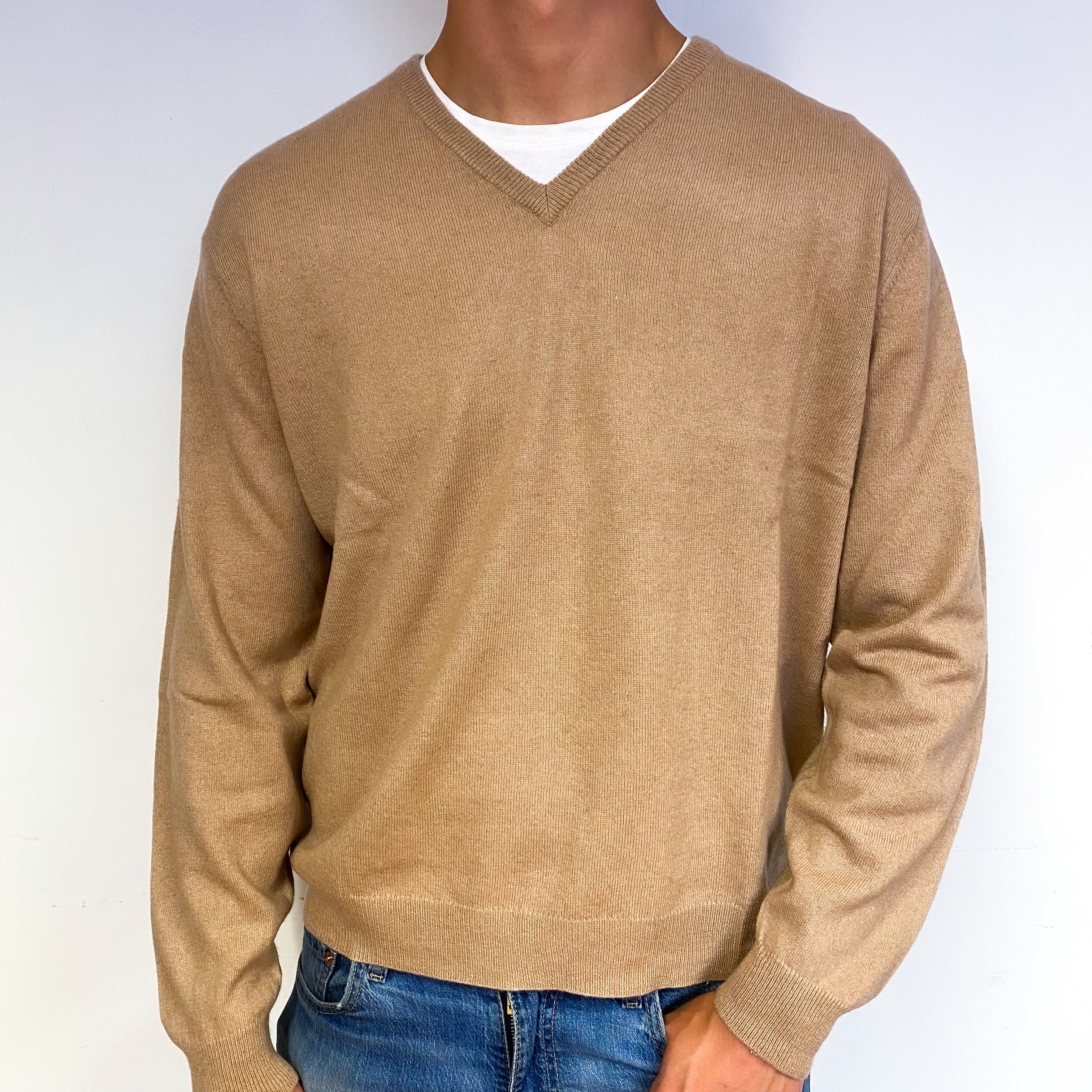 Men's Butterscotch Brown Cashmere V-Neck Jumper Extra Large