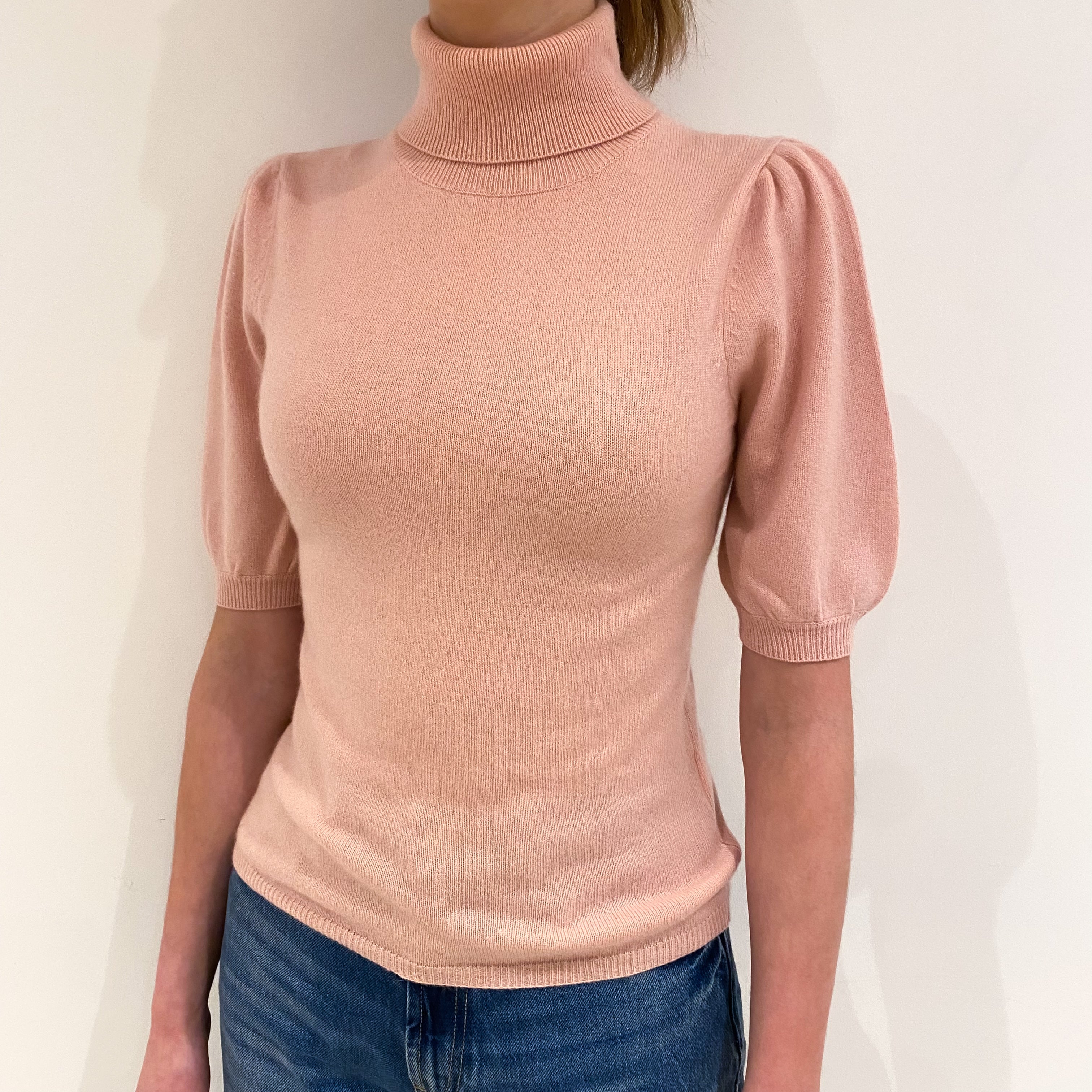 Shell Pink Cashmere Short Blouse Sleeve Polo Neck Jumper Extra Small