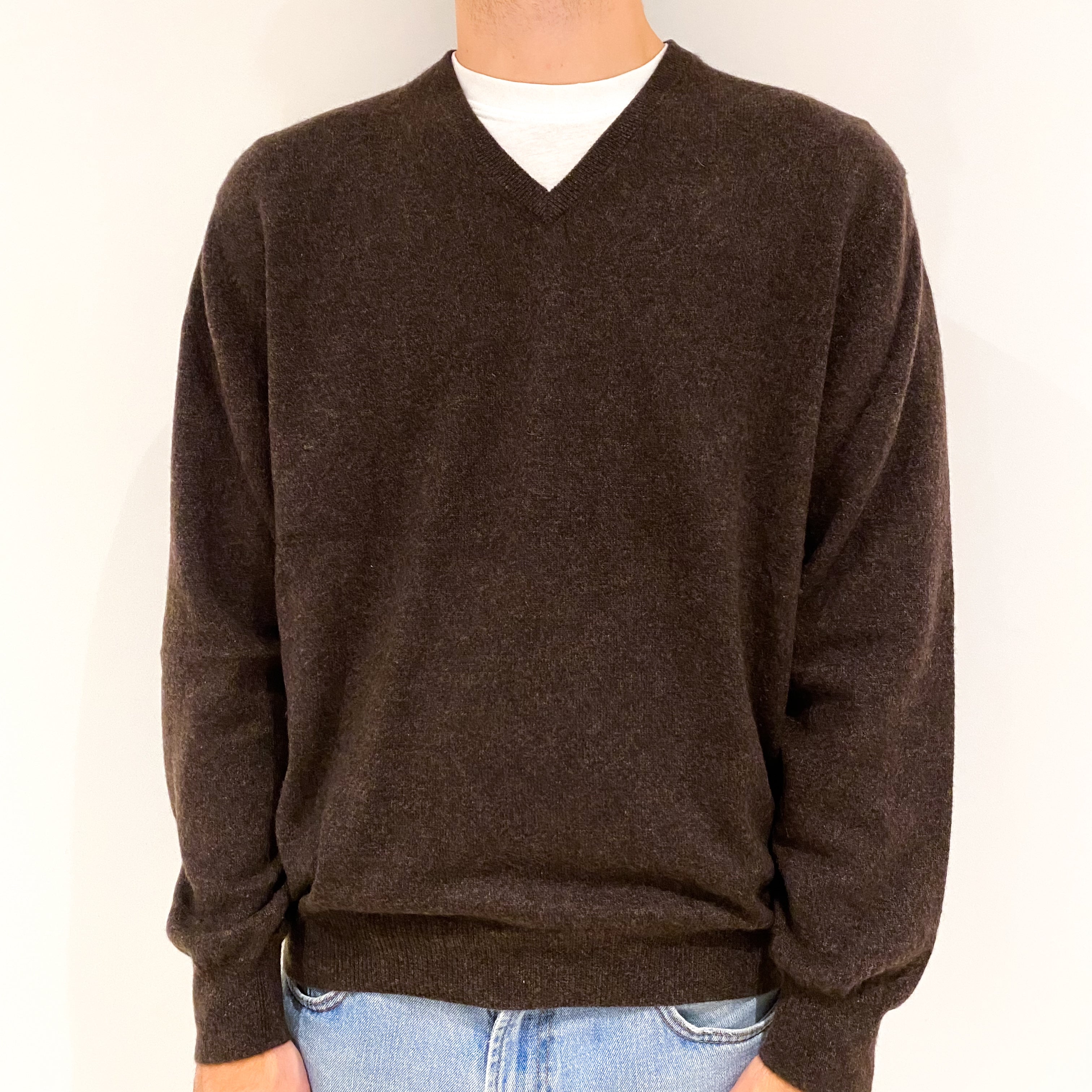 Men's Mole Brown Cashmere V-Neck Jumper Large