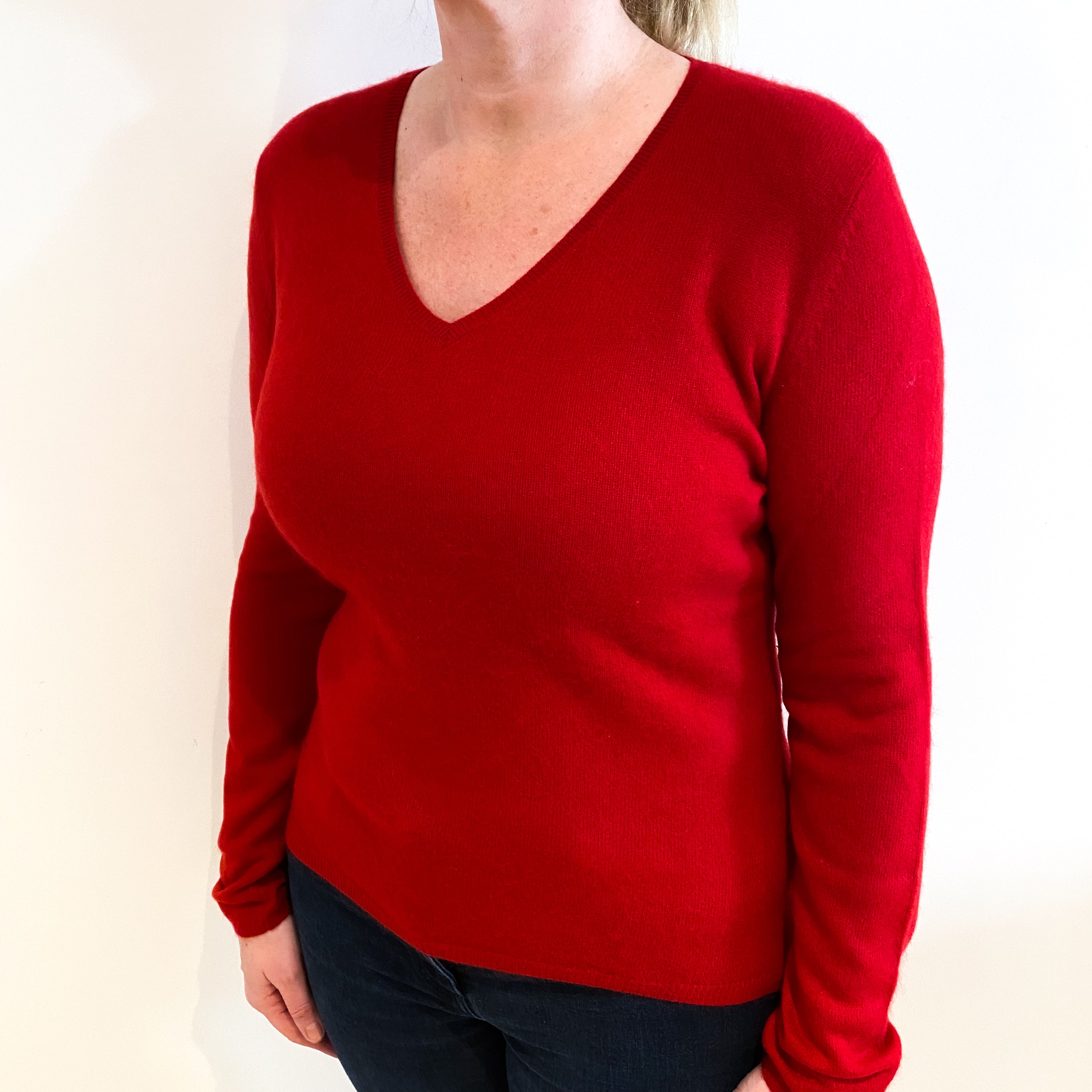Post Box Red Cashmere V Neck Jumper Large