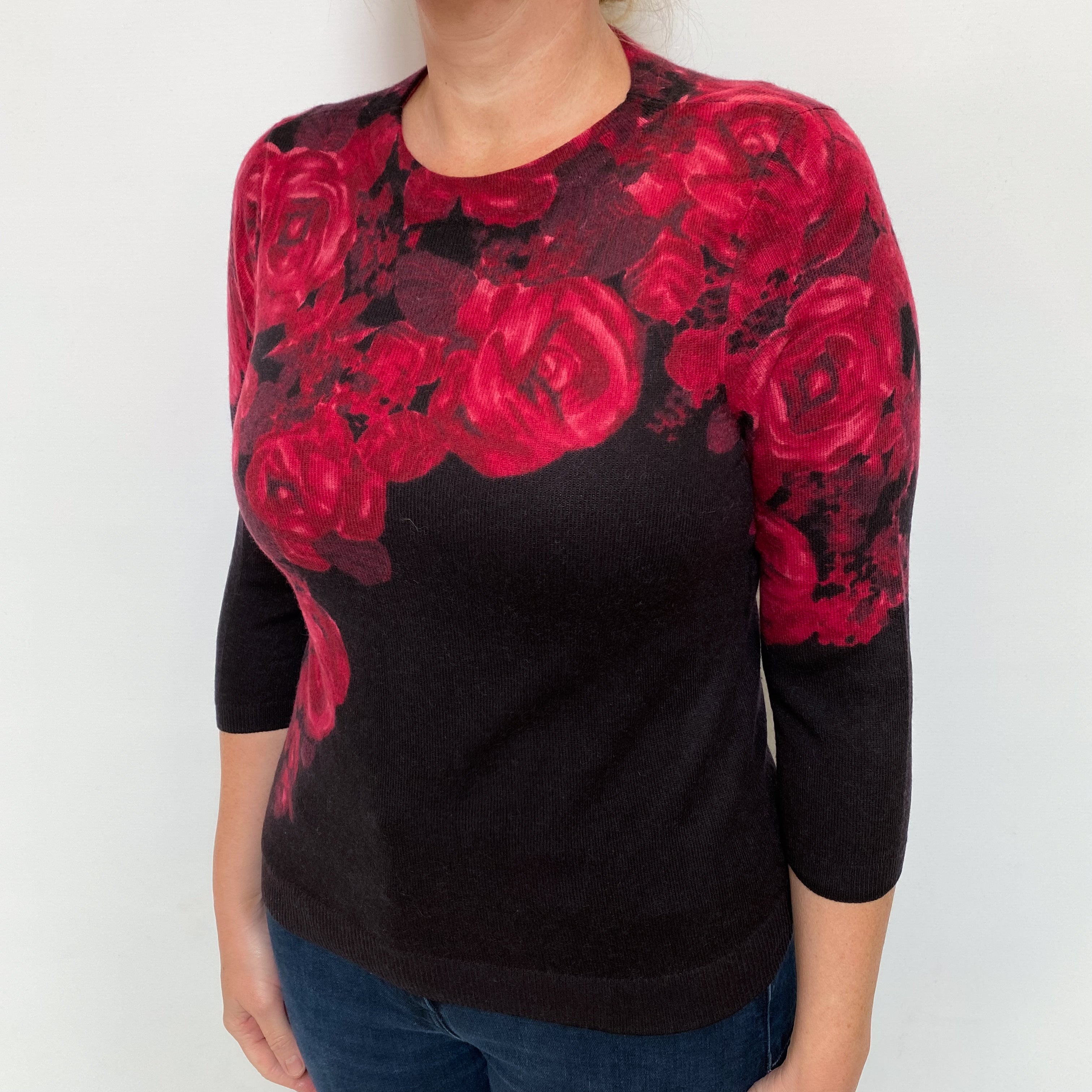 Black Red Floral Cashmere Crew Neck Jumper Large