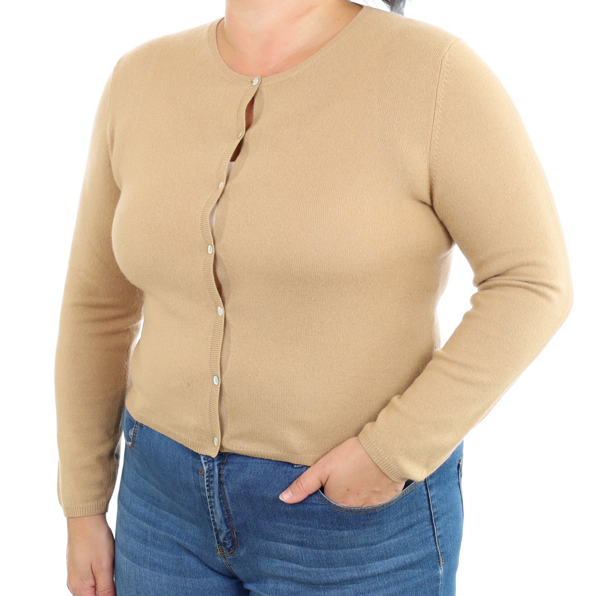 Camel Brown Cashmere Crew Neck Cardigan Large