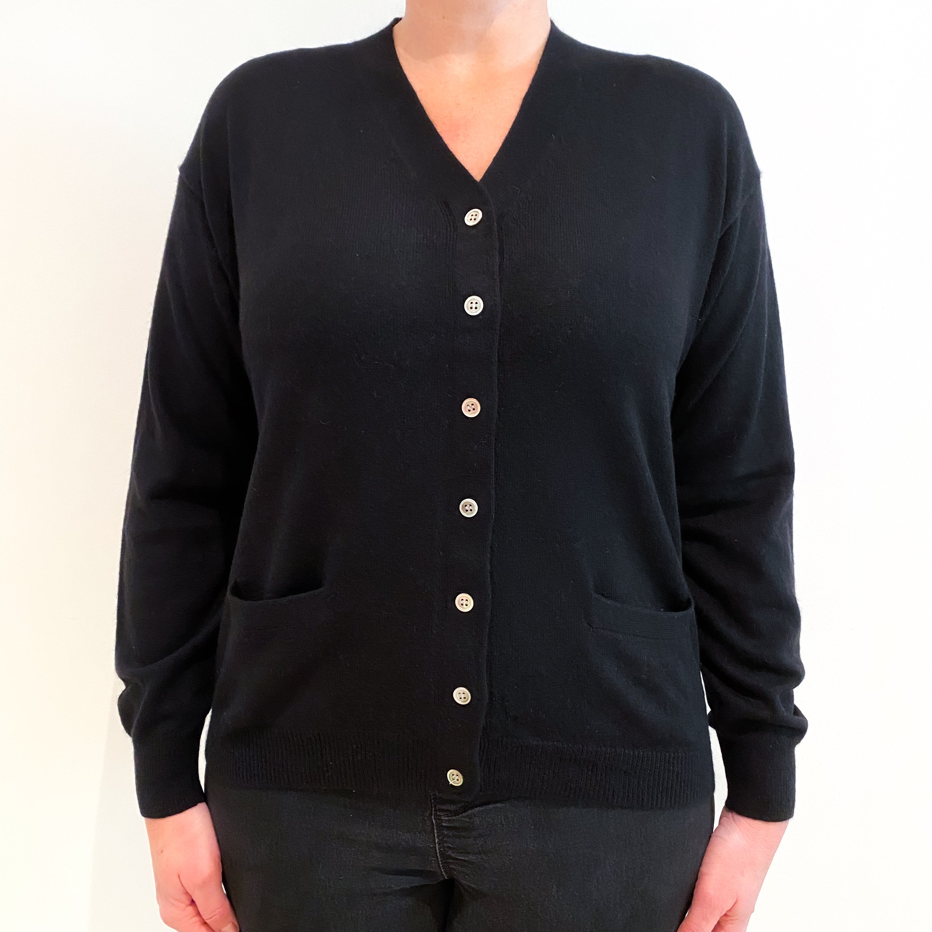 Black Cashmere V-Neck Cardigan with Pockets Large