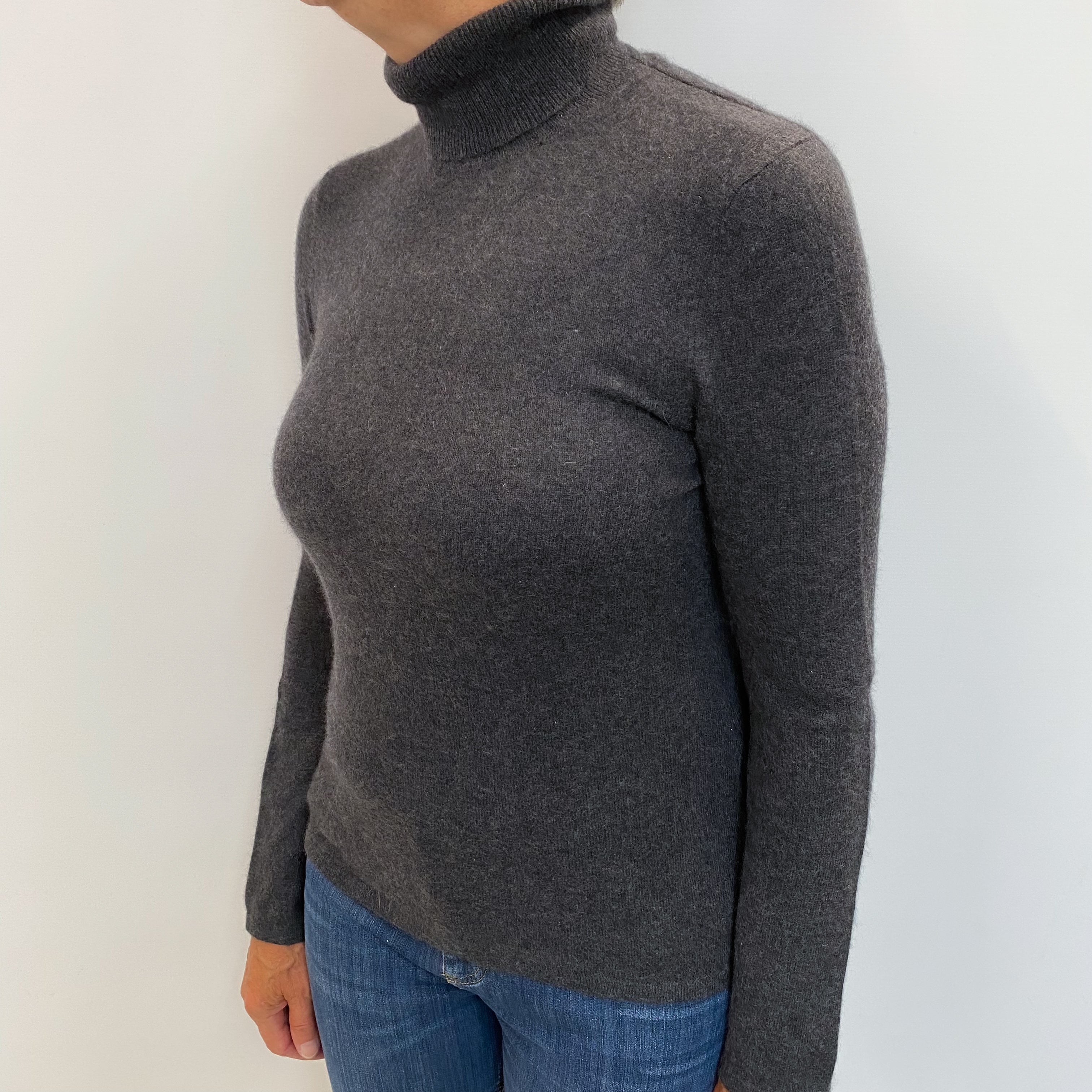 Charcoal Grey Cashmere Polo Neck Jumper Medium