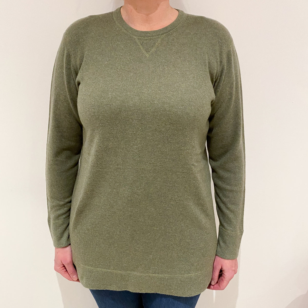Light Sage Boxy Cashmere Crew Neck Jumper Large