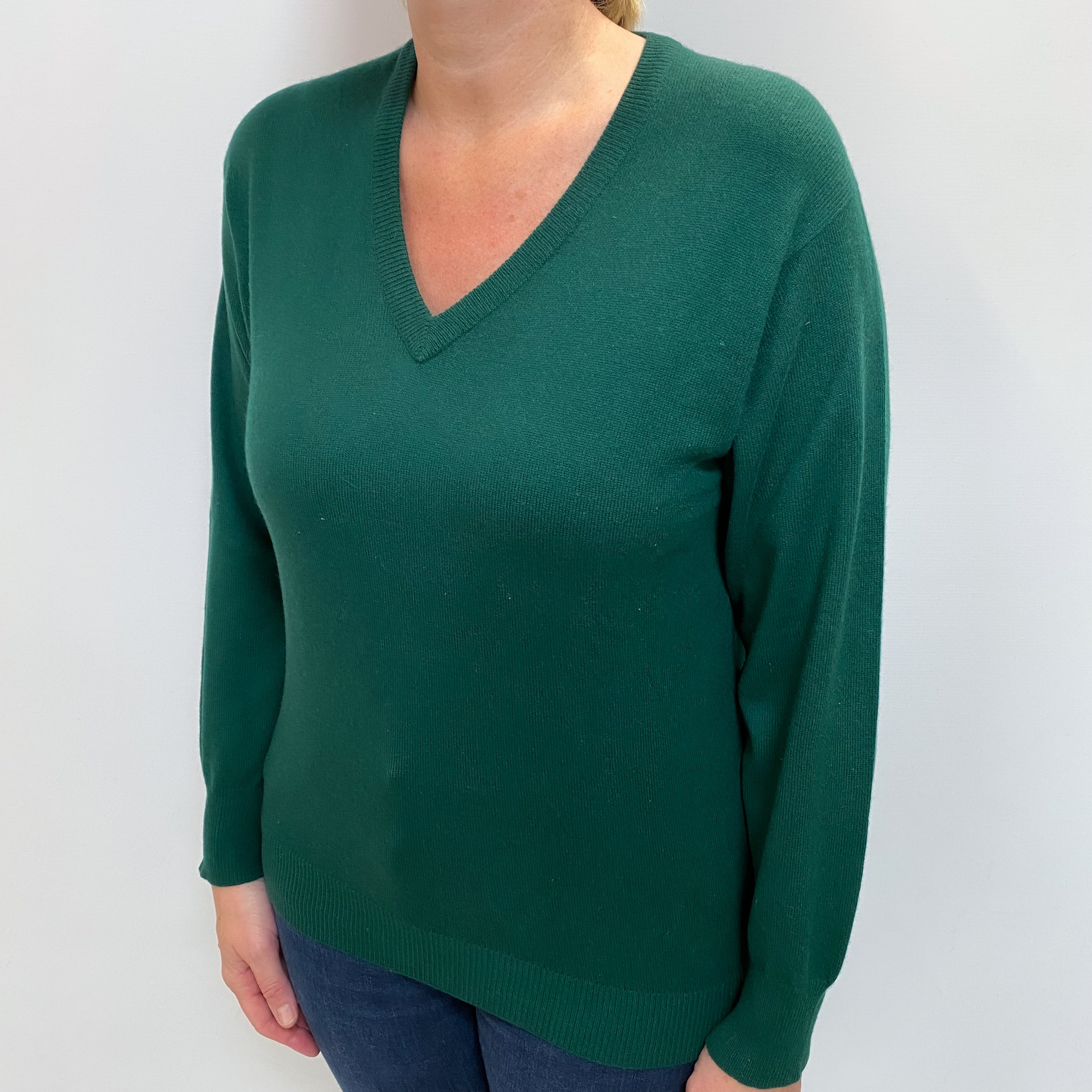 Vintage Racing Green Cashmere V Neck Jumper Large