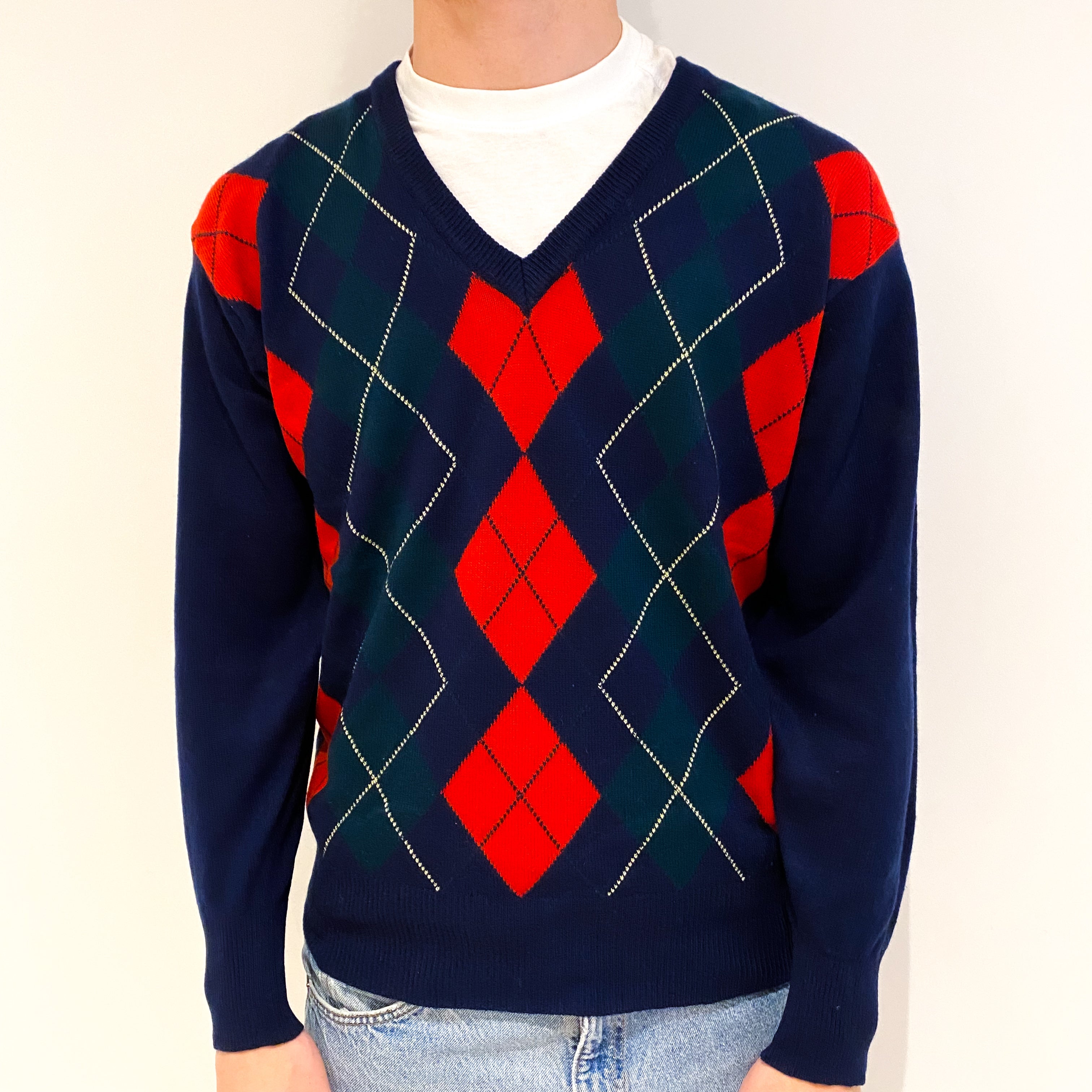 Men's Navy Red Diamond Cashmere V-Neck Jumper Medium