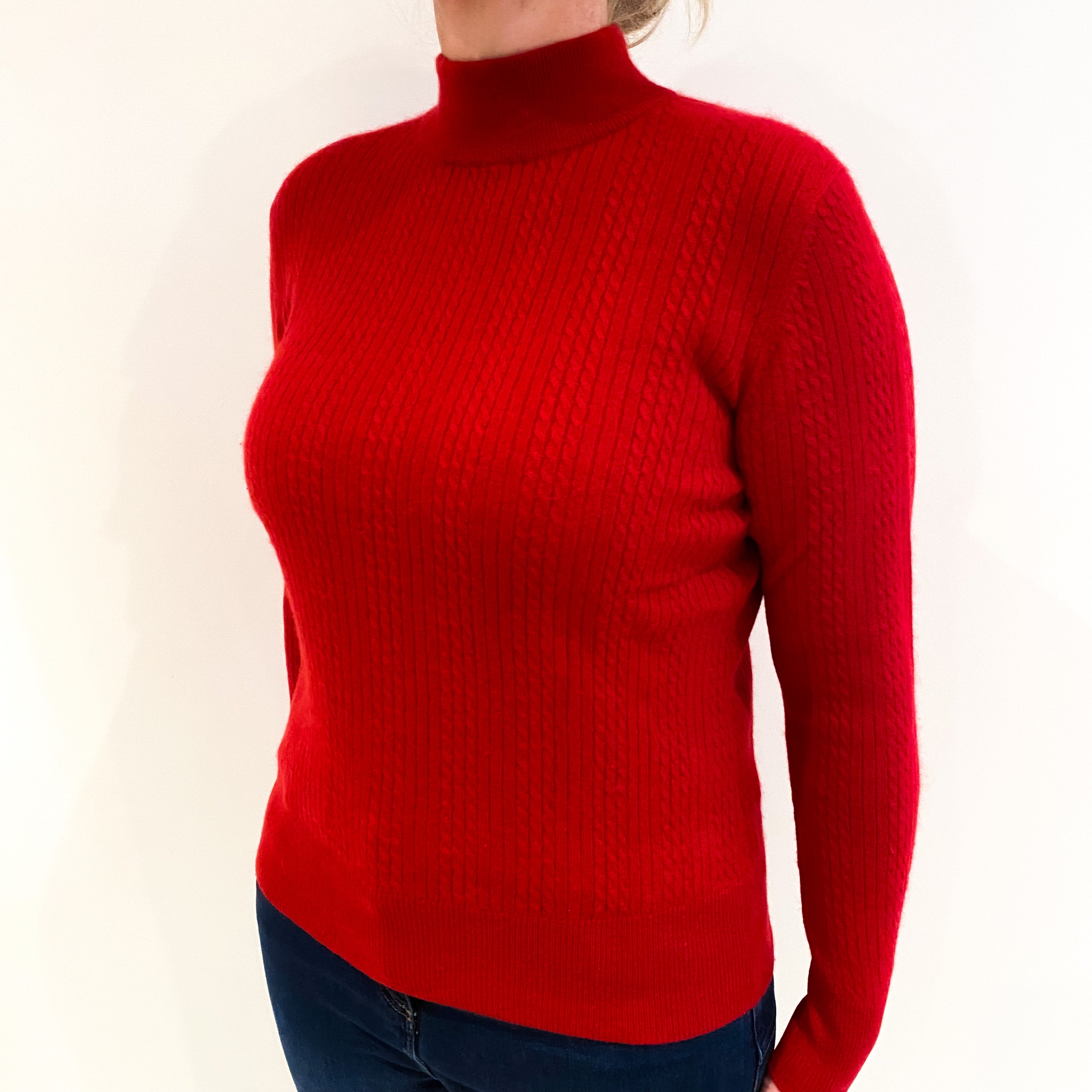 Post Box Red Cable Knit Cashmere Polo Neck Jumper Large