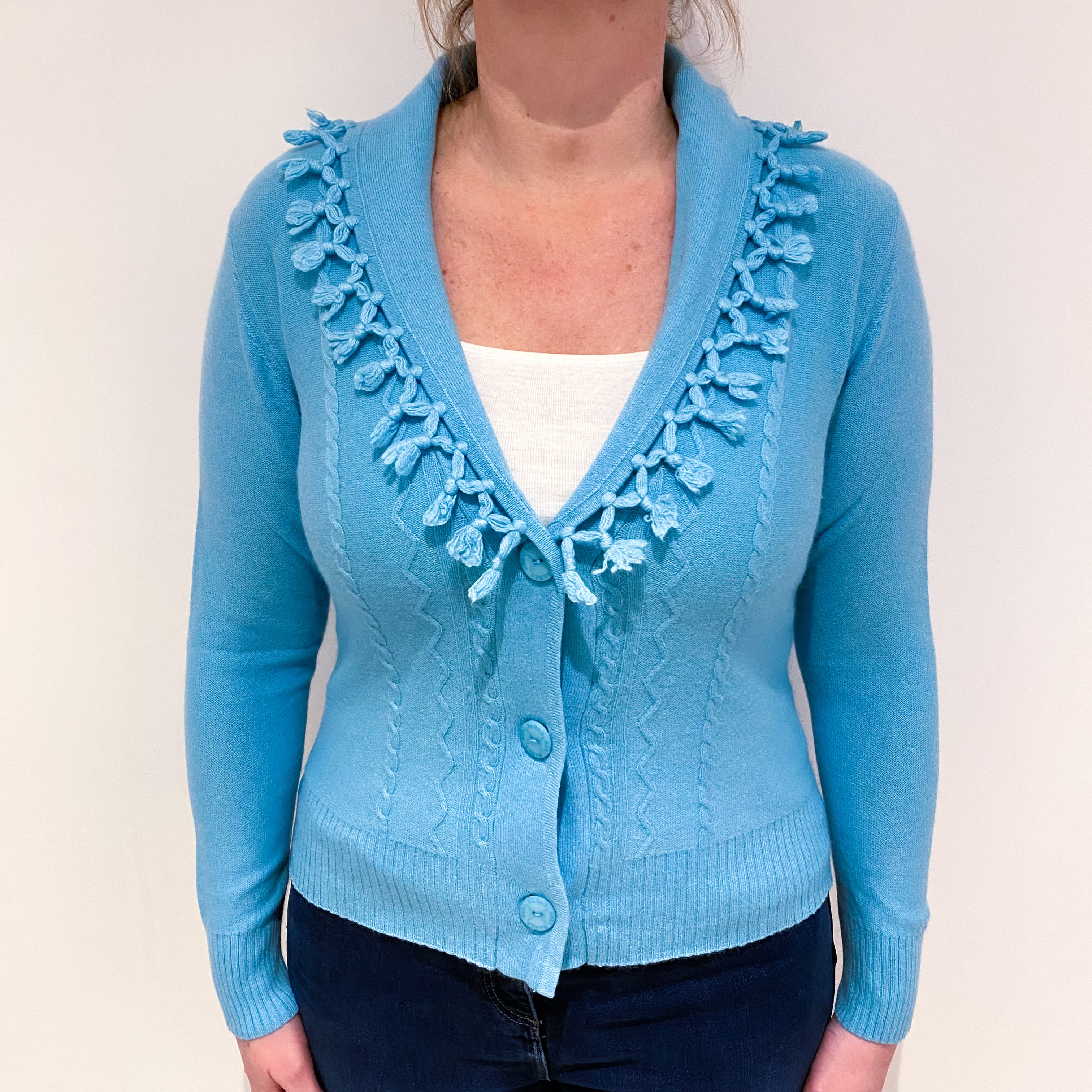 Hanae Mori Aquamarine Cashmere Fringed Shawl Collar Cardigan Large