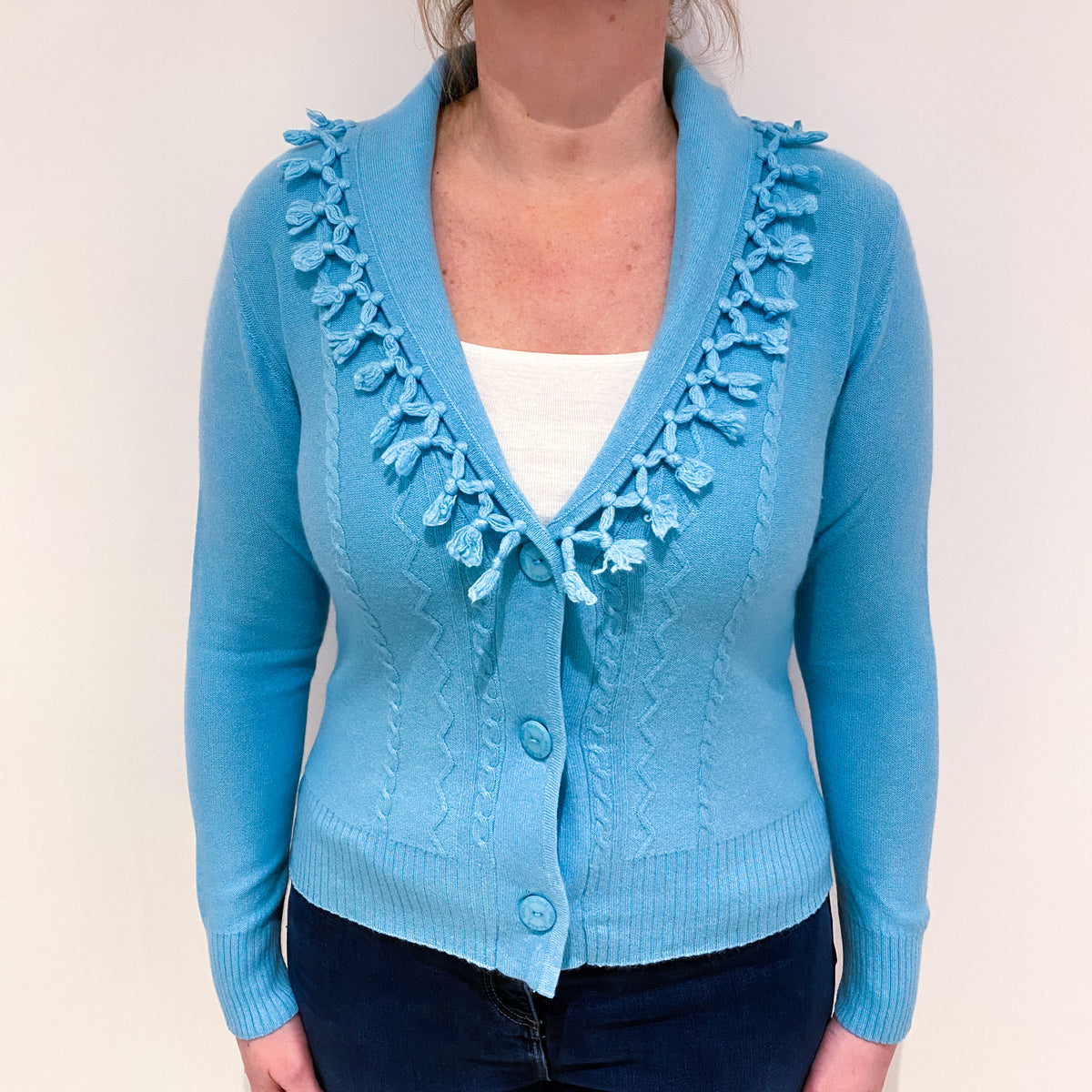 Hanae Mori Aquamarine Cashmere Fringed Shawl Collar Cardigan Large