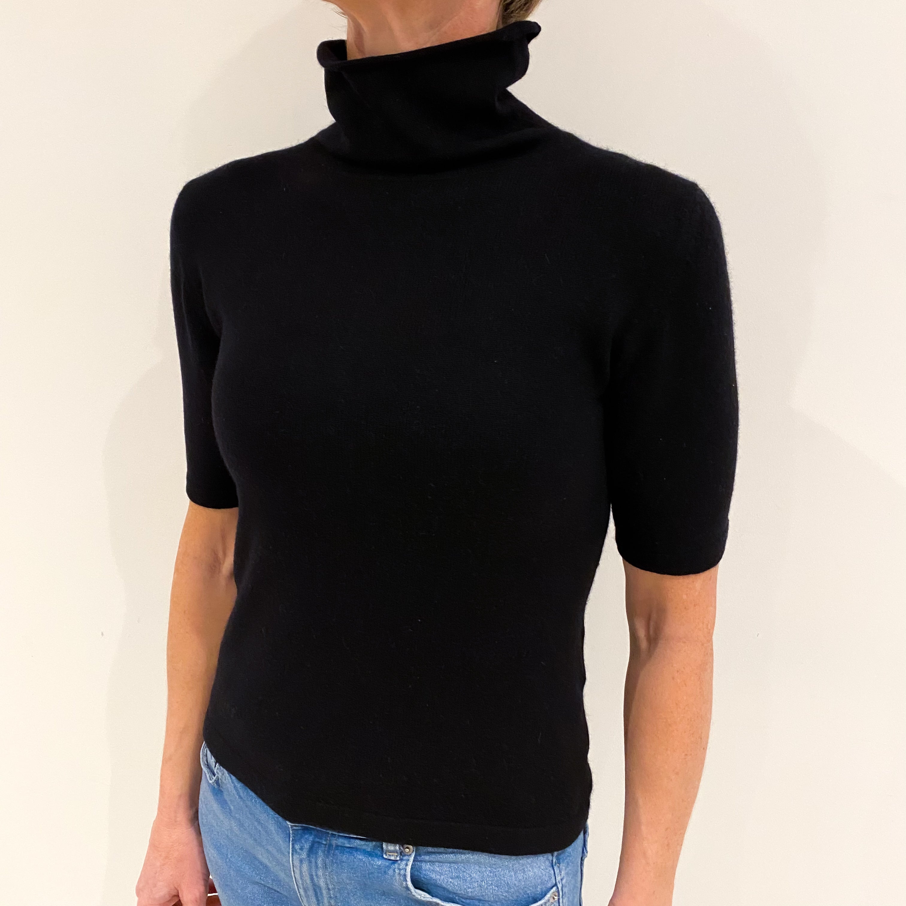 Black Cashmere Short Sleeved Funnel Neck Jumper Small