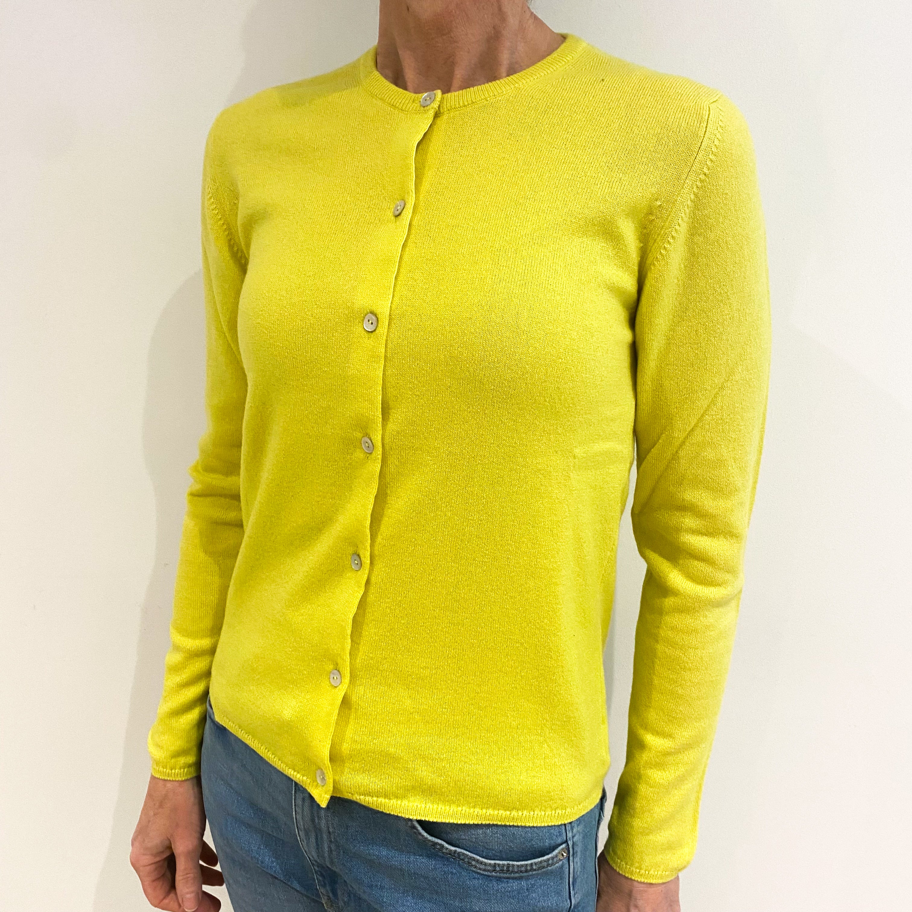 Scottish Neon Yellow Cashmere Crew Neck Cardigan Small