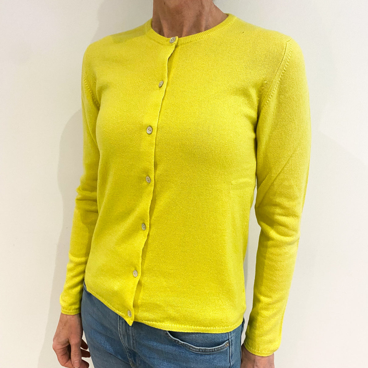 Scottish Neon Yellow Cashmere Crew Neck Cardigan Small