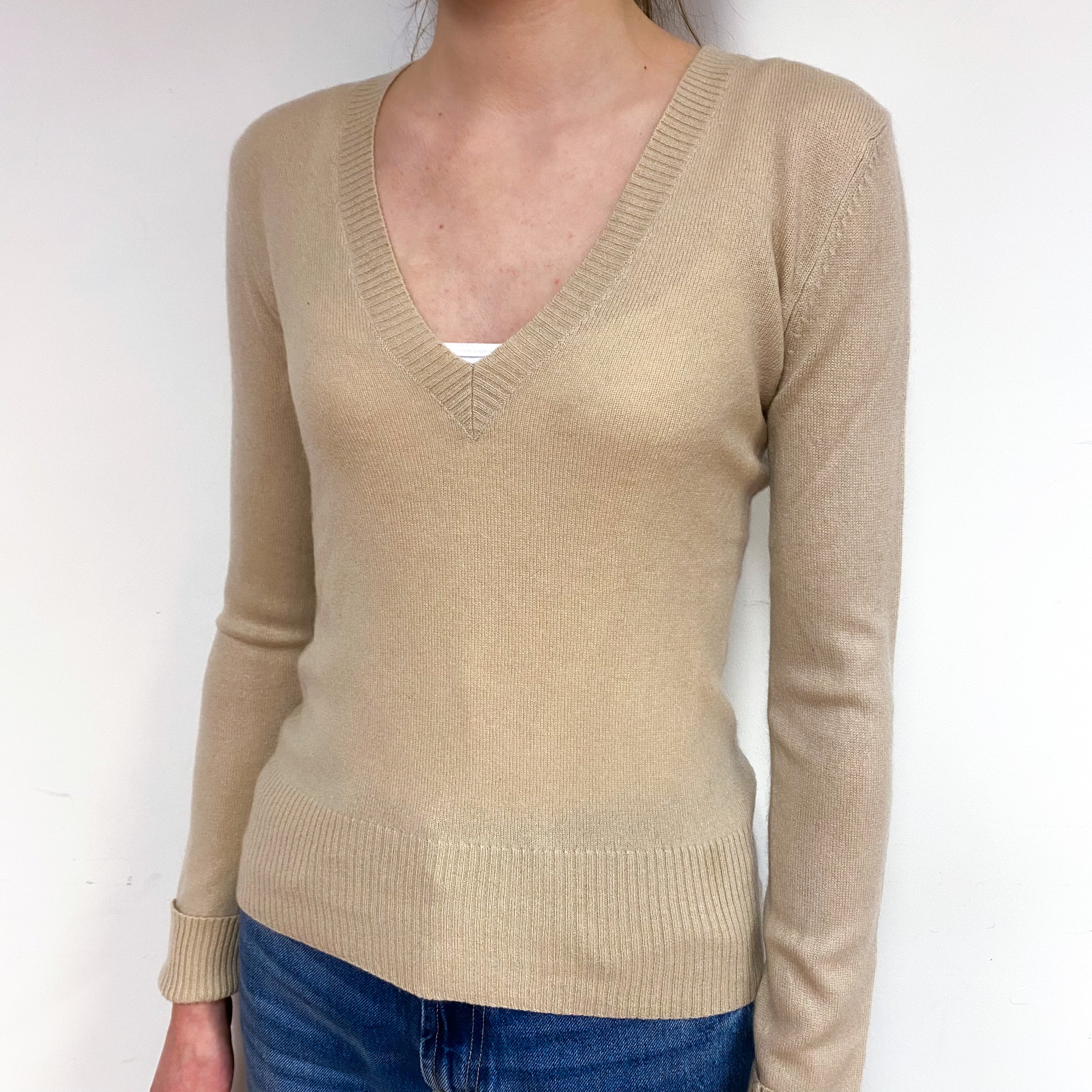 Beige Cashmere V-Neck Jumper Extra Small