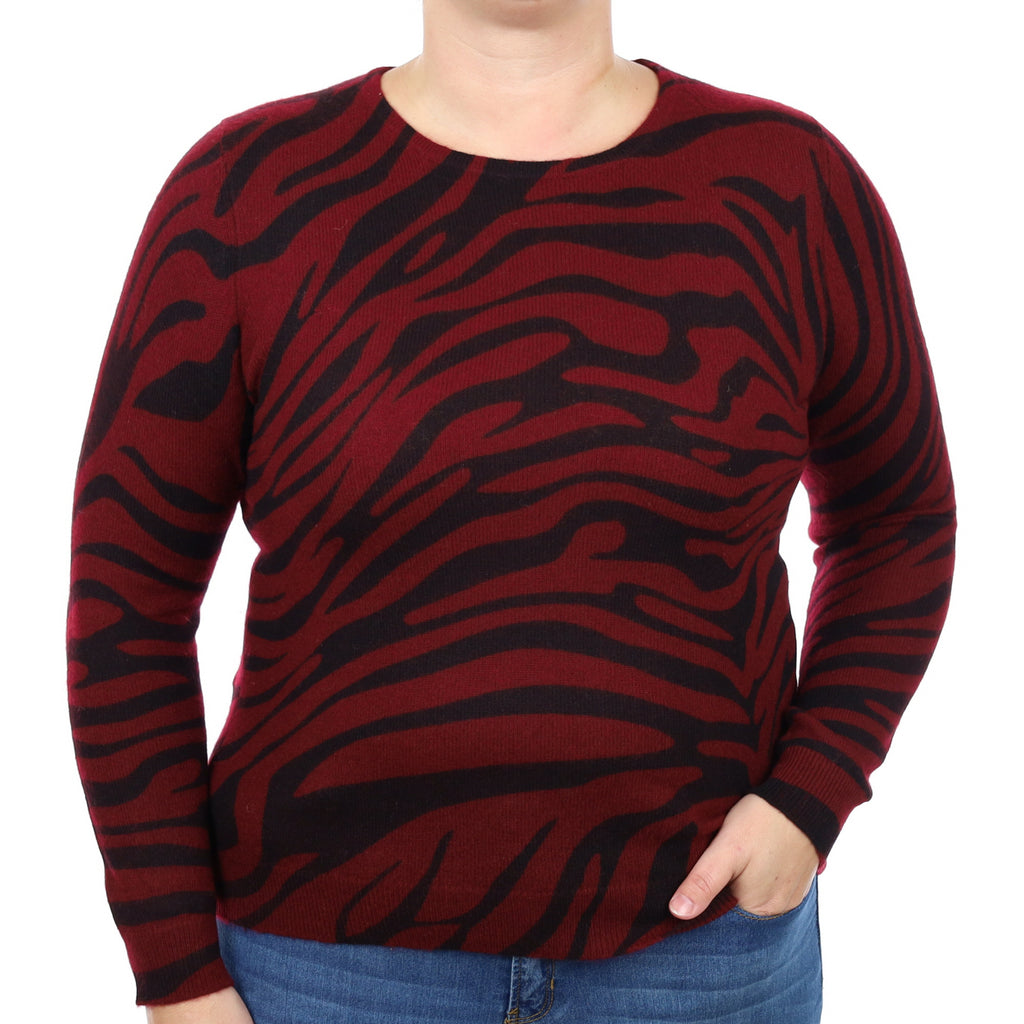 Burgundy and Black Zebra Cashmere Crew Neck Jumper Large