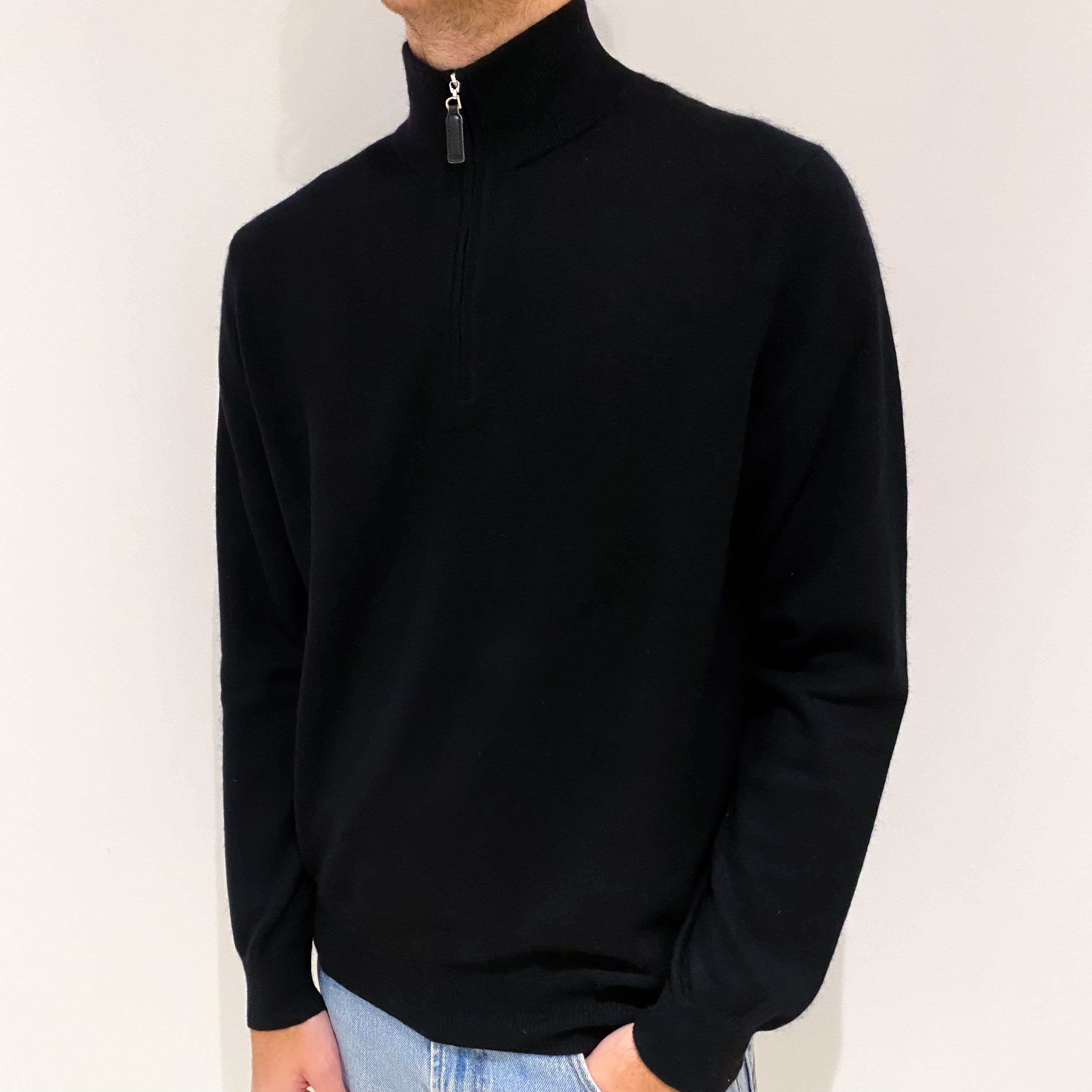 Men's Black Cashmere 1/4 Zip Jumper Large