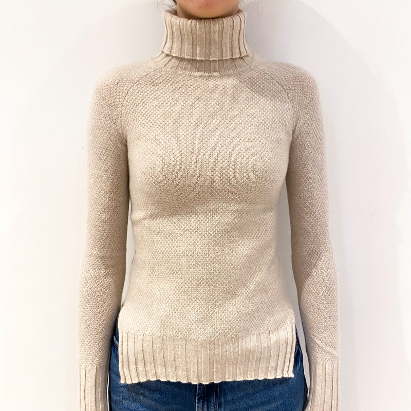 Oatmeal Beige Waffle Cashmere Polo Neck Jumper Extra Small