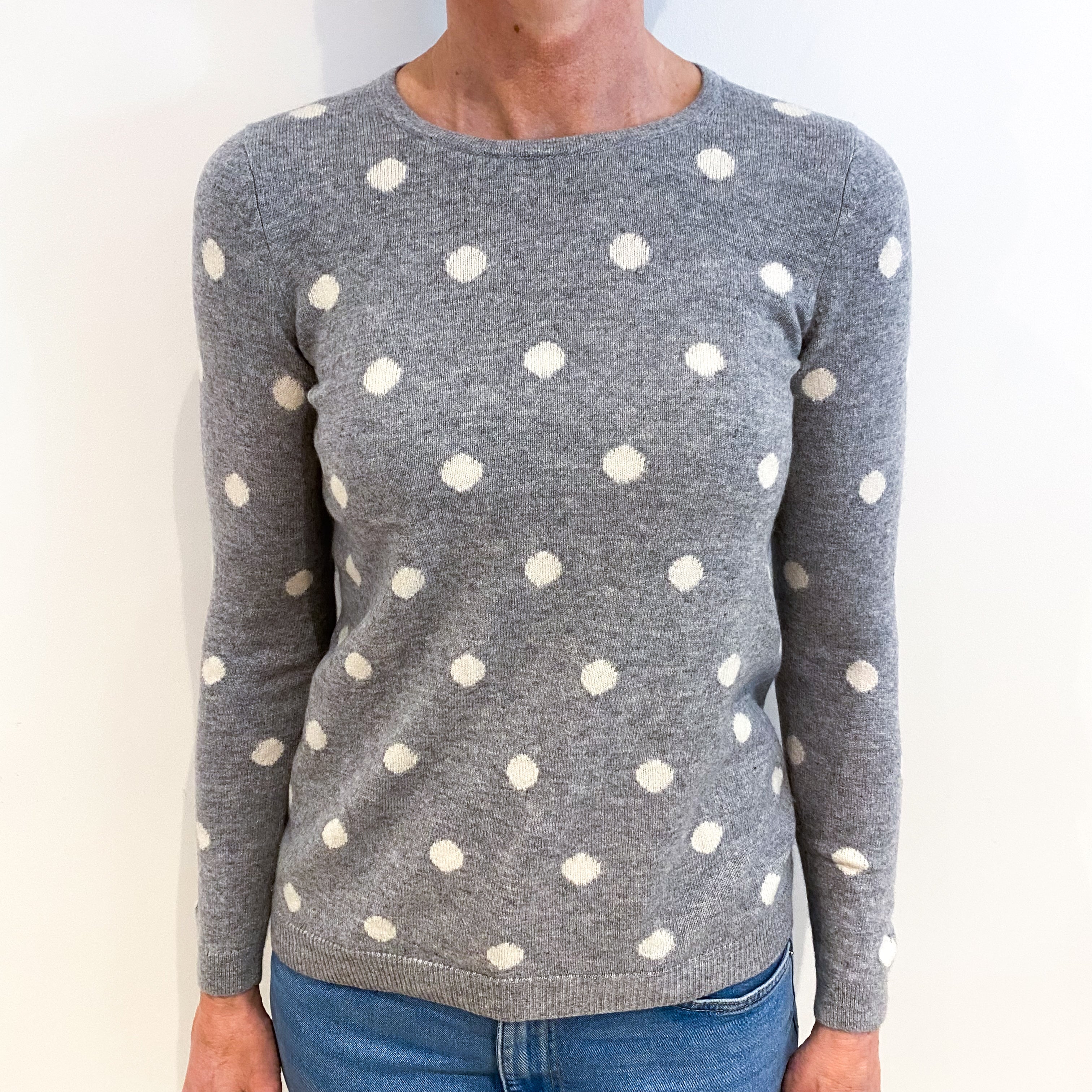Smoke Grey Polka Dot Cashmere Crew Neck Jumper Small