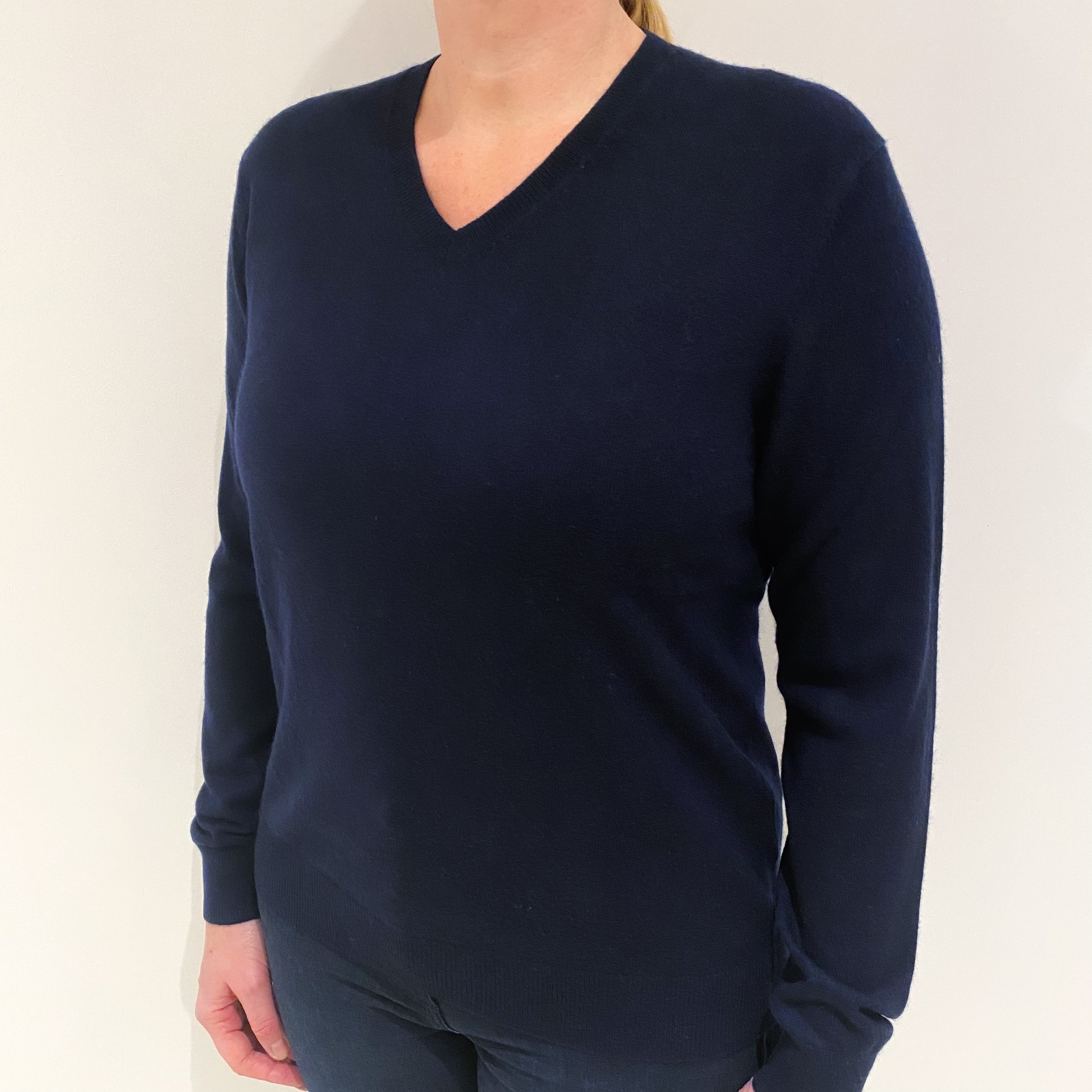 Navy Blue Cashmere V Neck Jumper Large