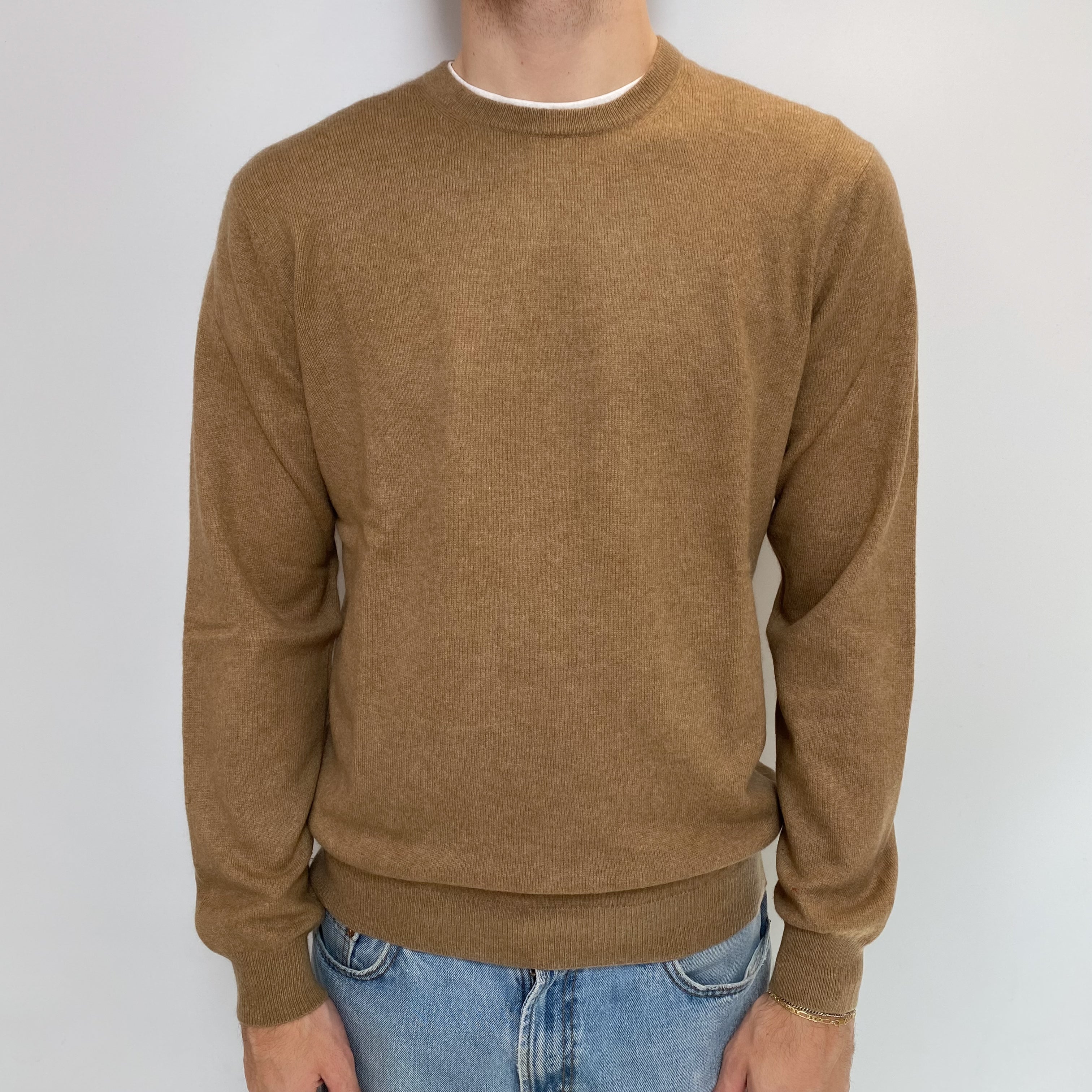 Men's Toffee Brown Cashmere Crew Neck Jumper Large