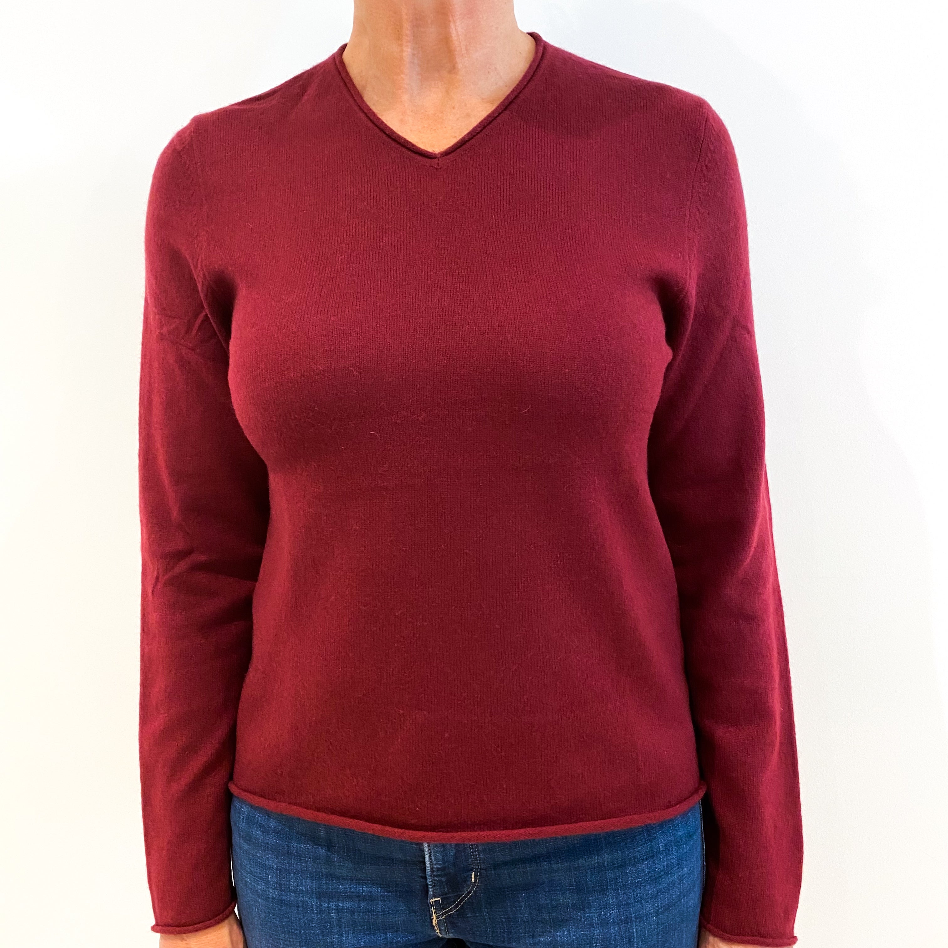 Burgundy Red Cashmere V-Neck Jumper Medium
