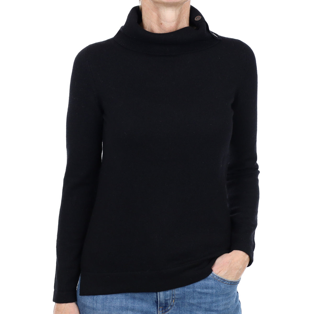 Black Cashmere Buttoned Polo Neck Jumper Small