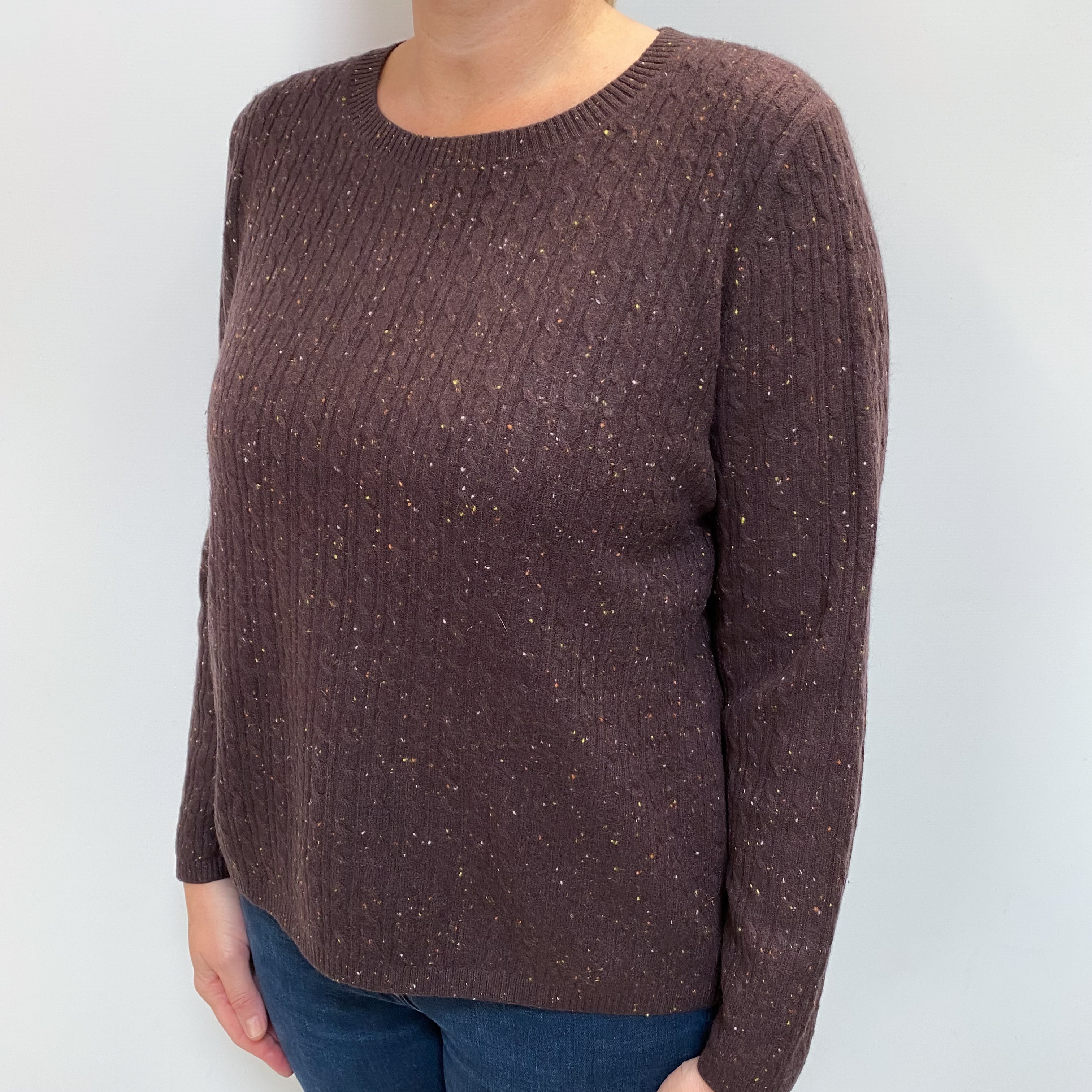 Chocolate Brown Fleck Cashmere Crew Neck Jumper Large