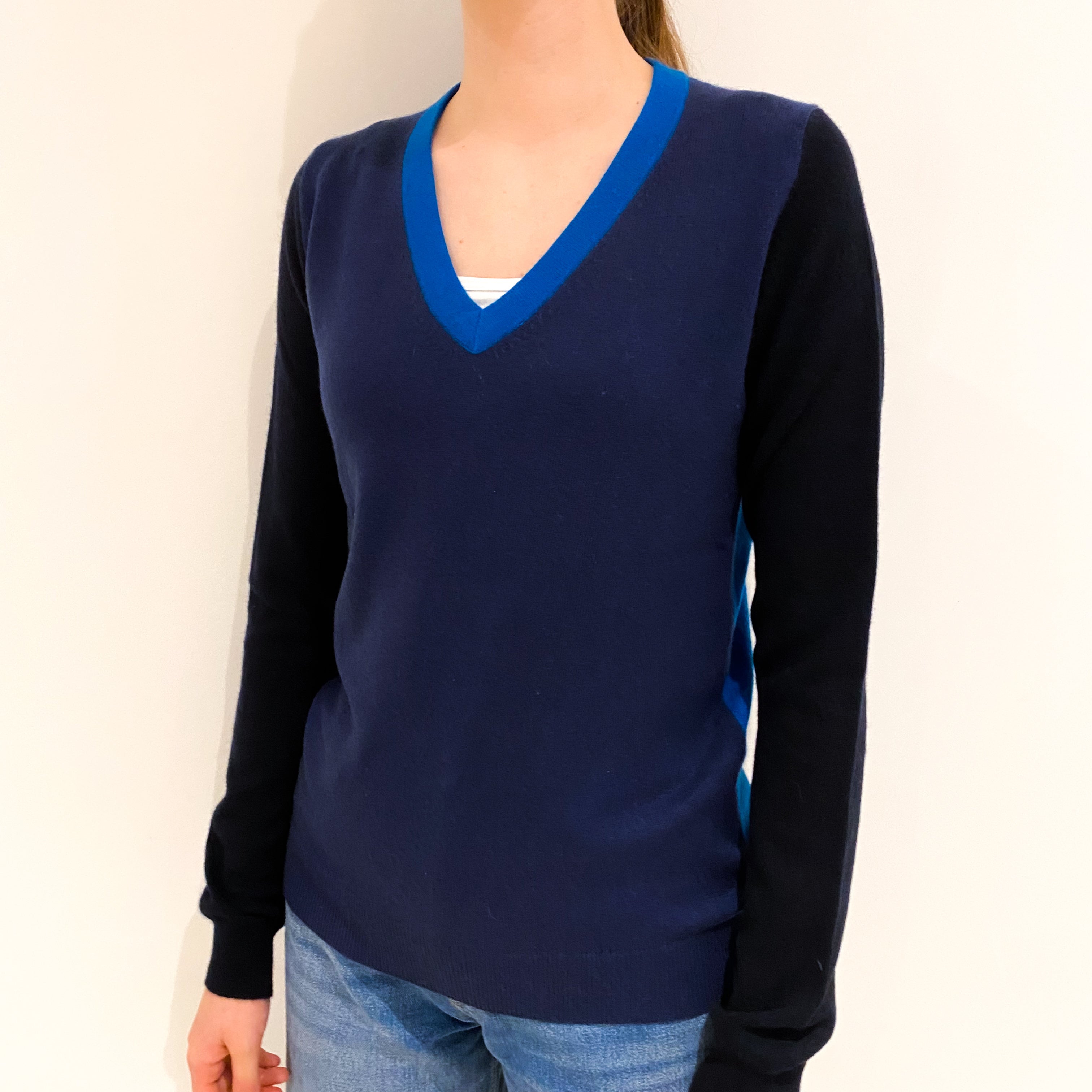 Black and Blue Colour Block Cashmere V-Neck Jumper Extra Small