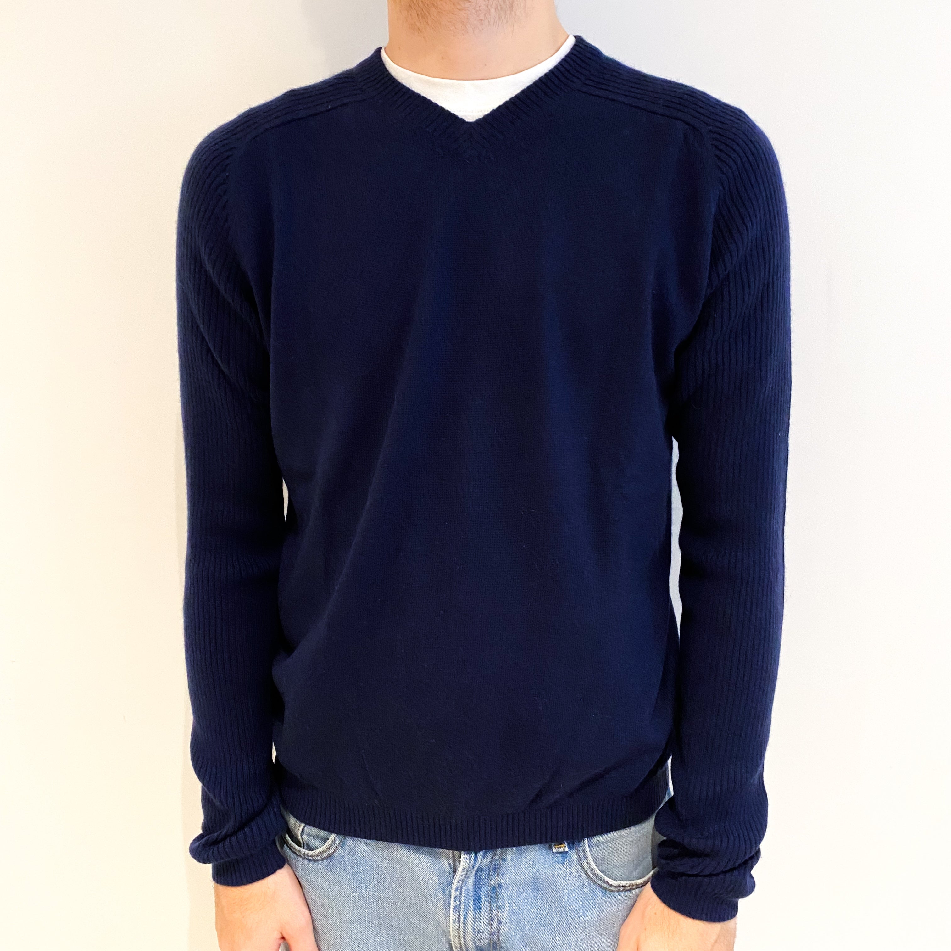Men's Navy Blue Cashmere V Neck Jumper Large