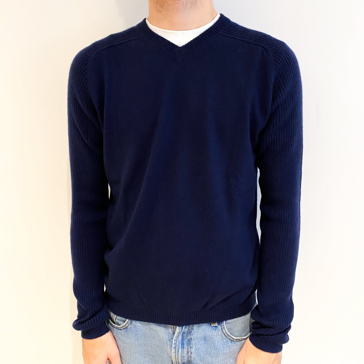Men's Navy Blue Cashmere V Neck Jumper Large