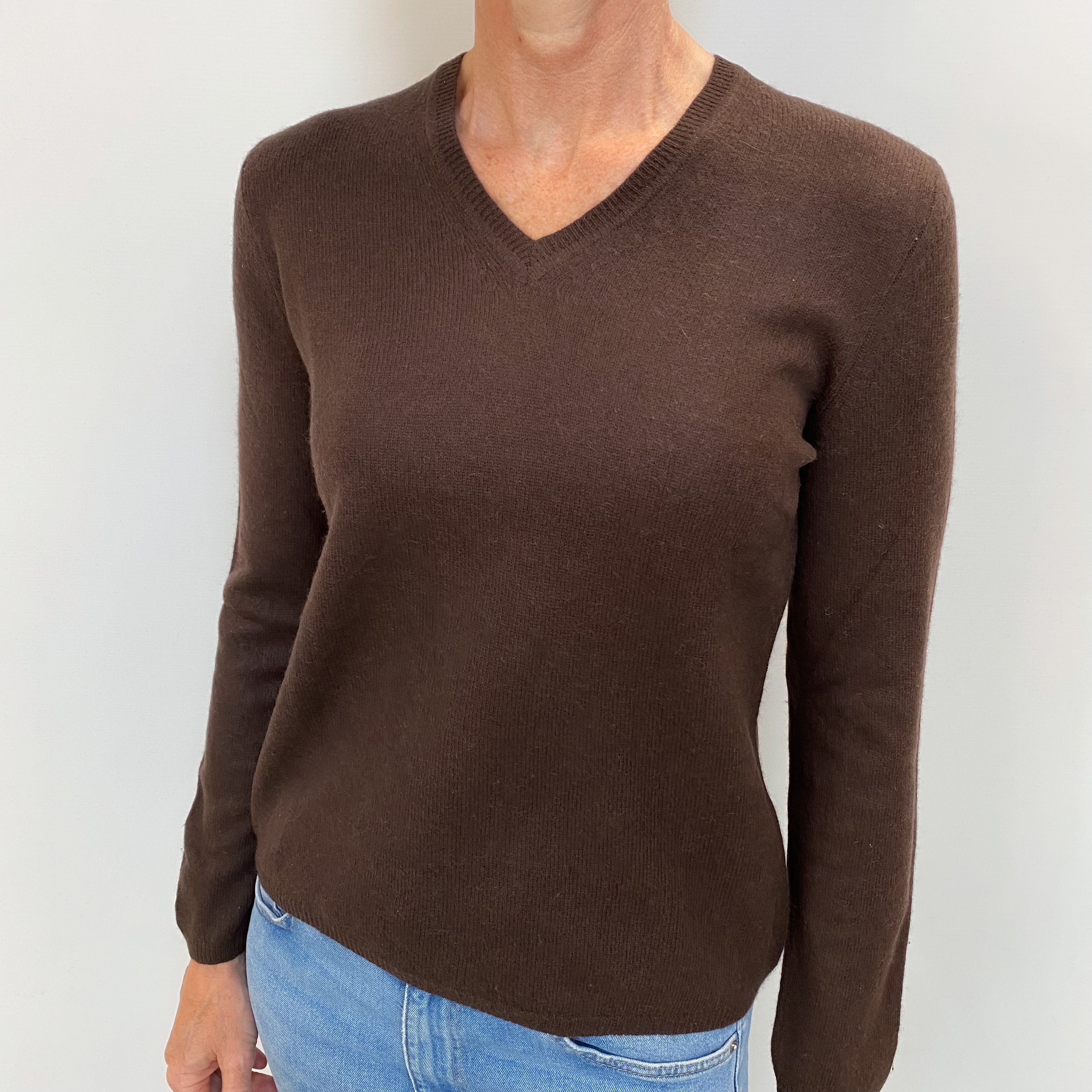 Chocolate Brown Cashmere V Neck Jumper Small