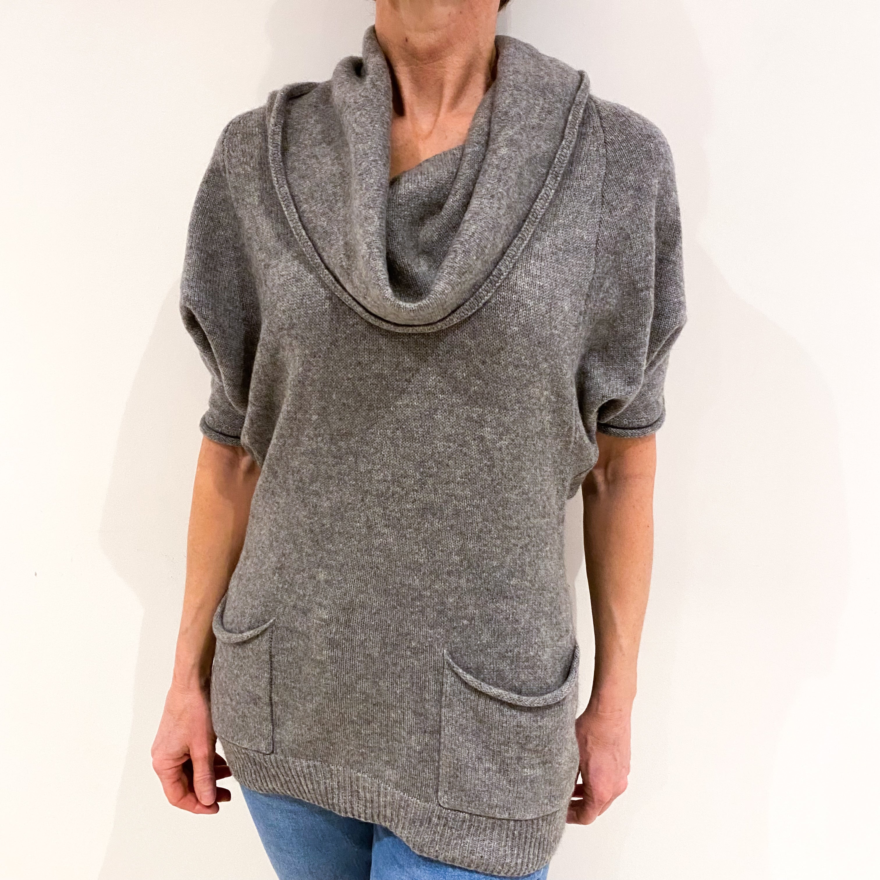 Ash Grey Cashmere Short Sleeve Cowl Neck Jumper Small