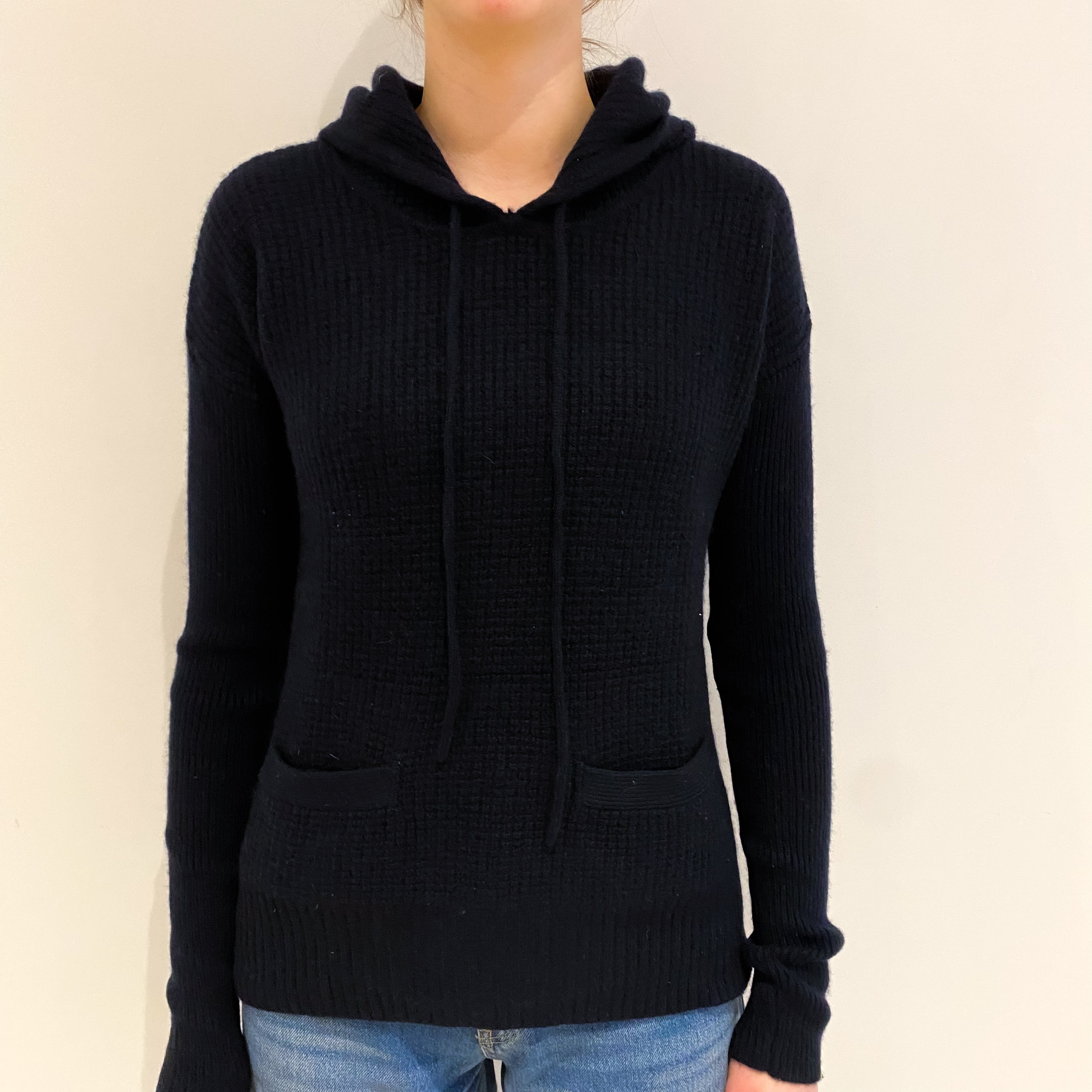 Dark Navy Waffle Knit Cashmere Hoodie Jumper with Pockets Extra Small