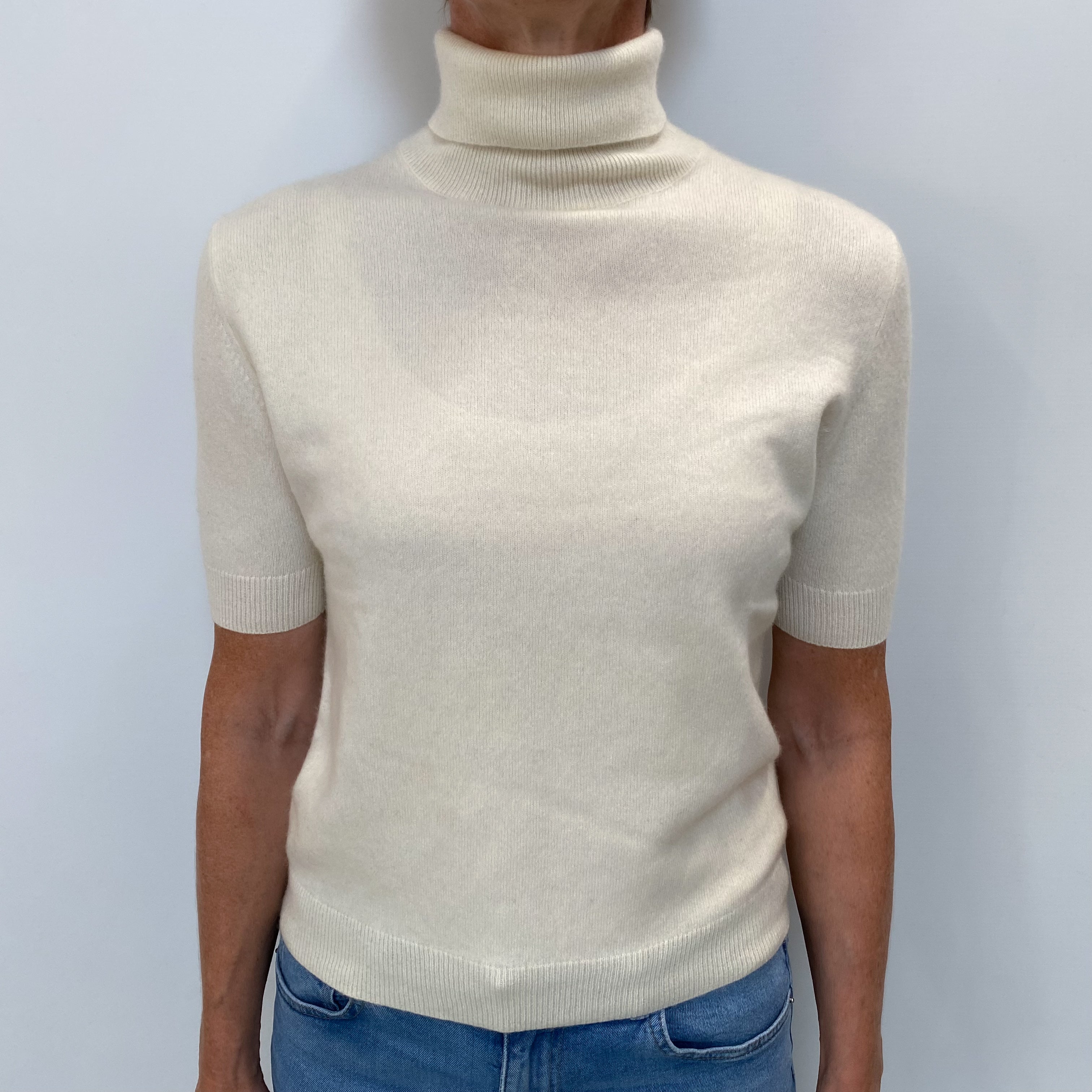 Cream Cashmere Short Sleeved Polo Neck Jumper Small