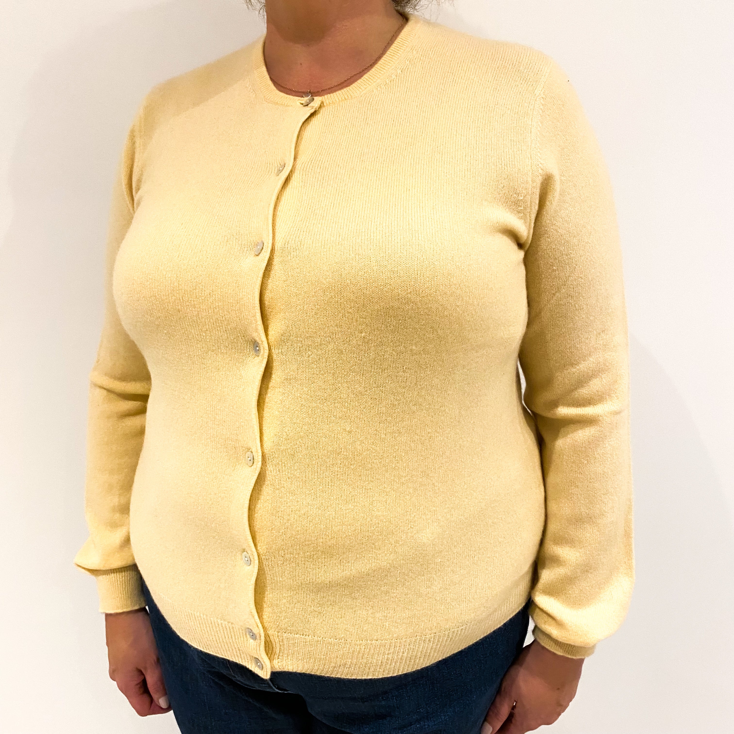 Primrose Yellow Cashmere Crew Neck Cardigan Extra Large