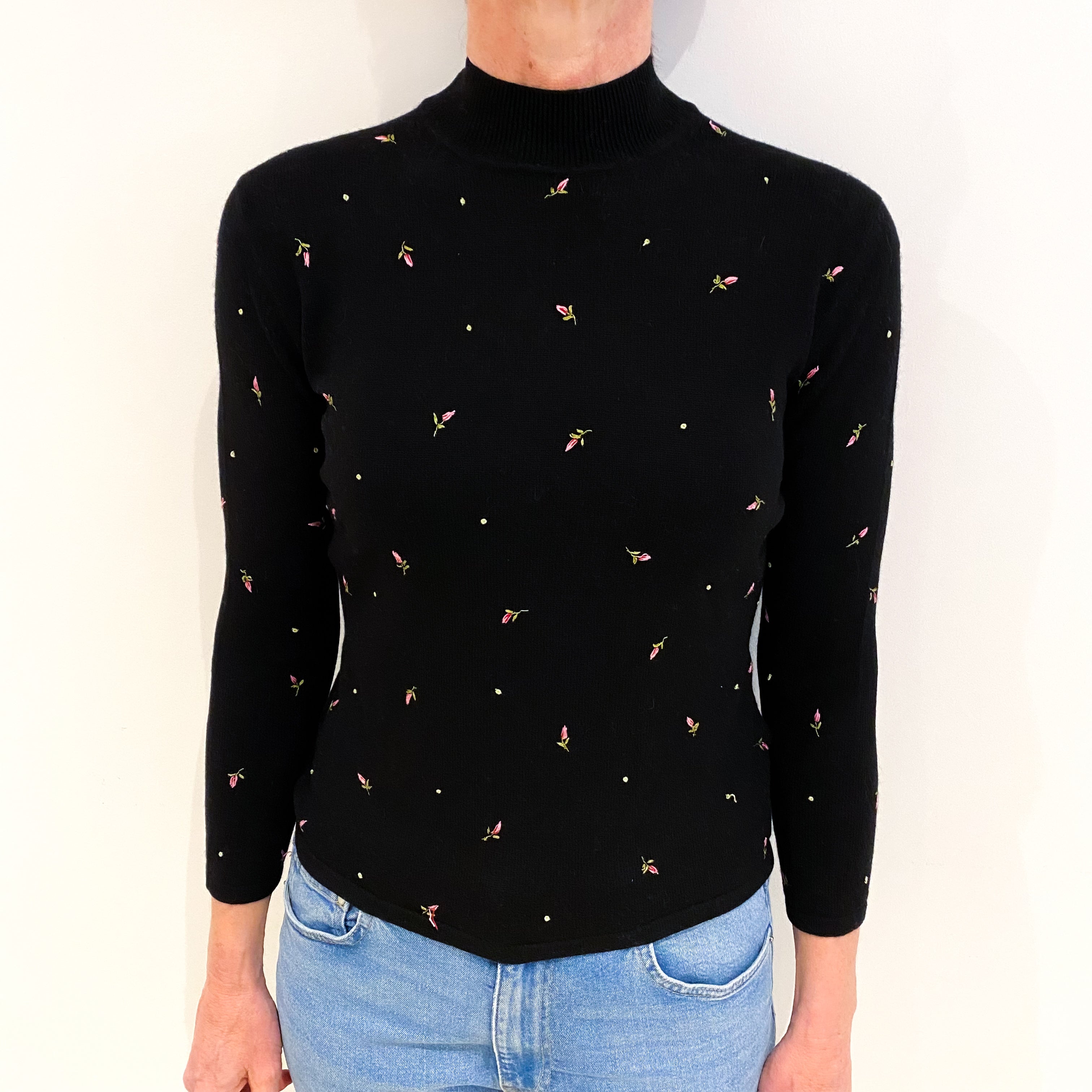 Black Floral Cashmere Turtle Neck Jumper Small