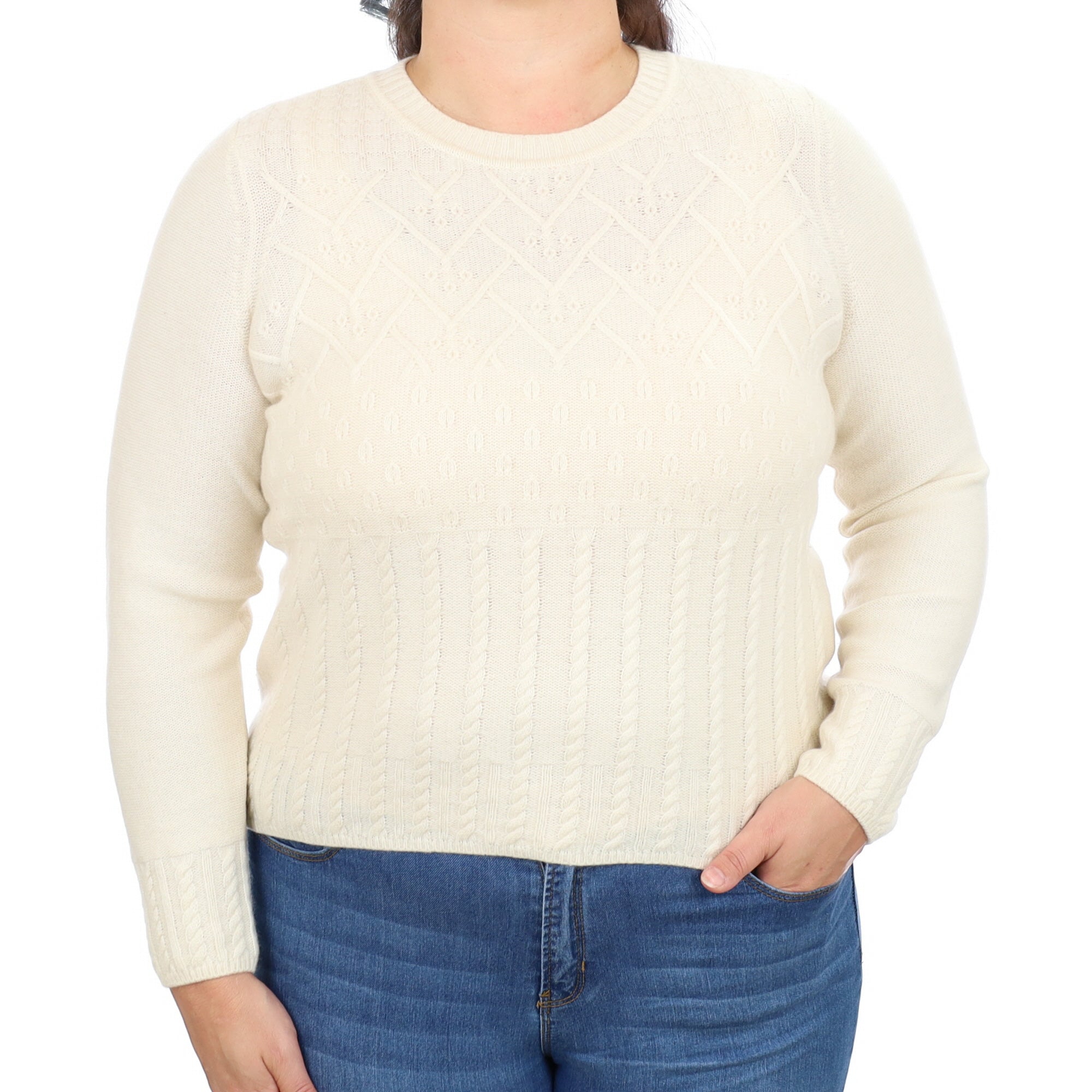 Cream Textured Cashmere Crew Neck Jumper Large
