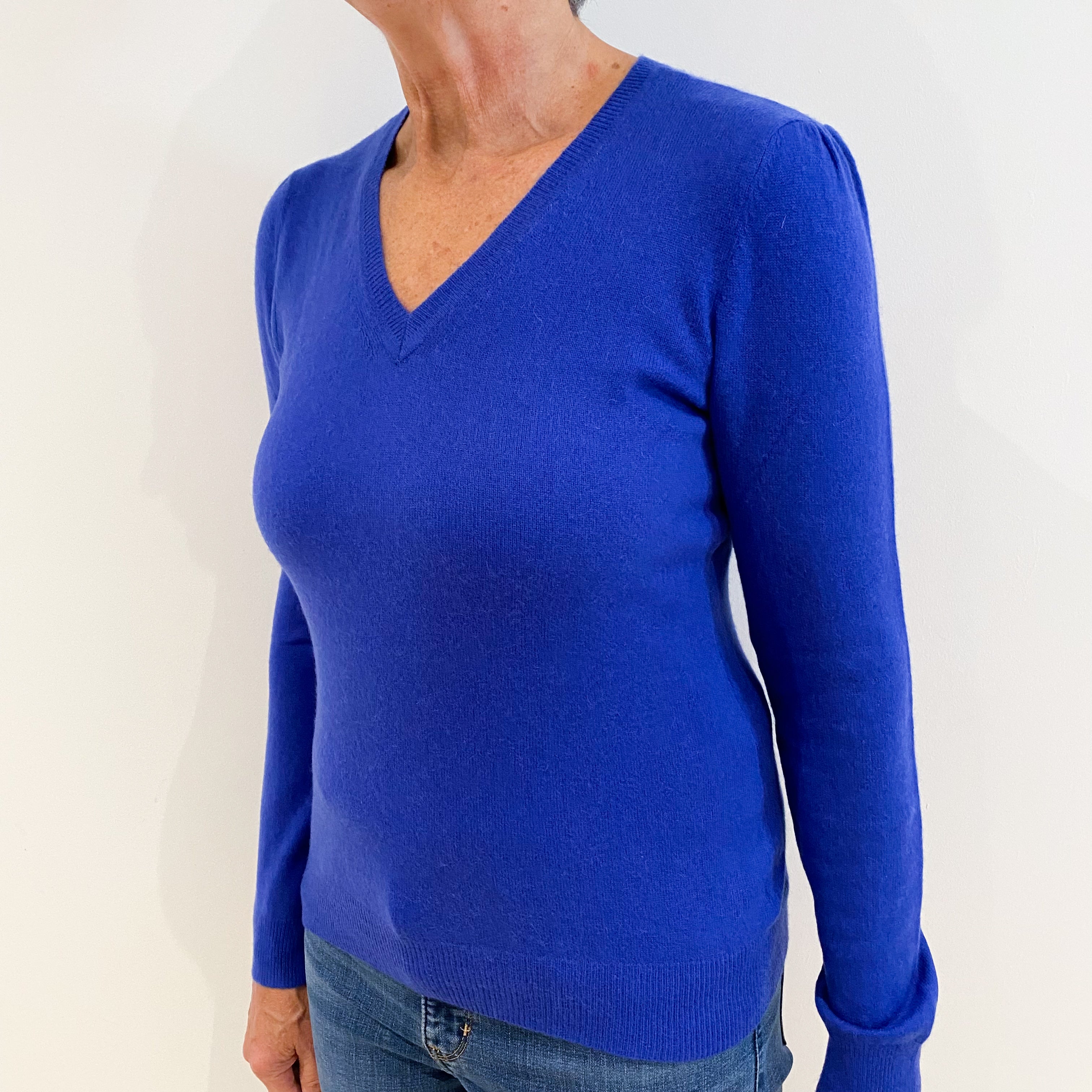 Cobalt Blue Puff Shouldered Cashmere V-Neck Jumper Medium