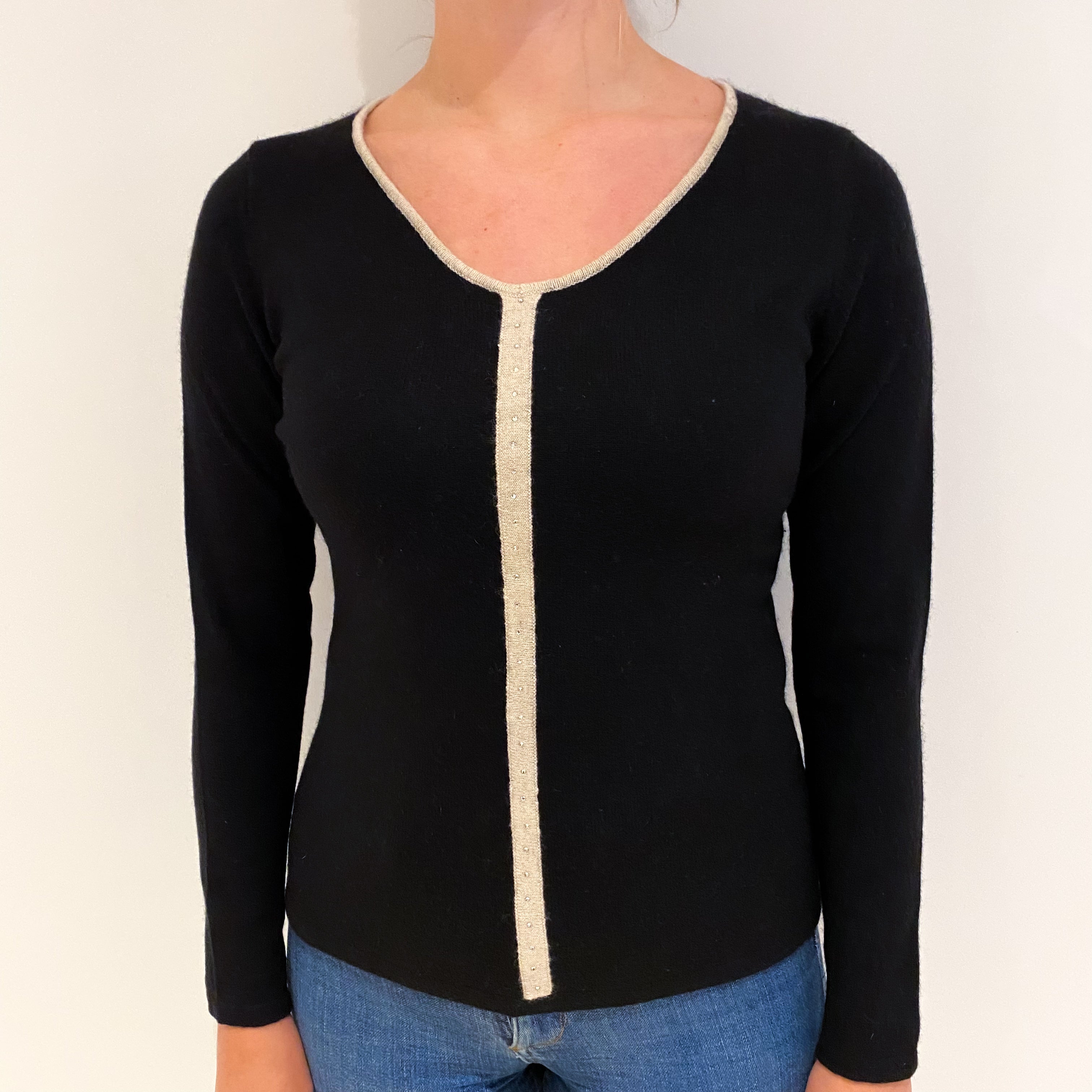 Black Oatmeal Trim Cashmere V Neck Jumper Small