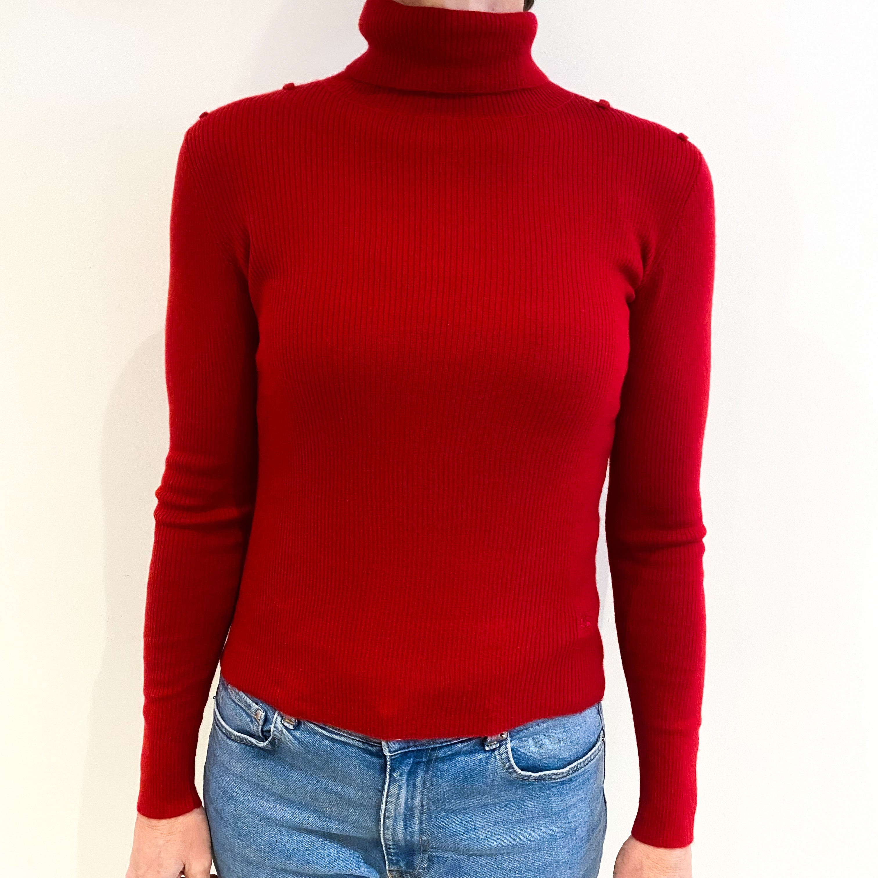 Burberry Red Cashmere Skinny Rib Polo Neck Jumper Small